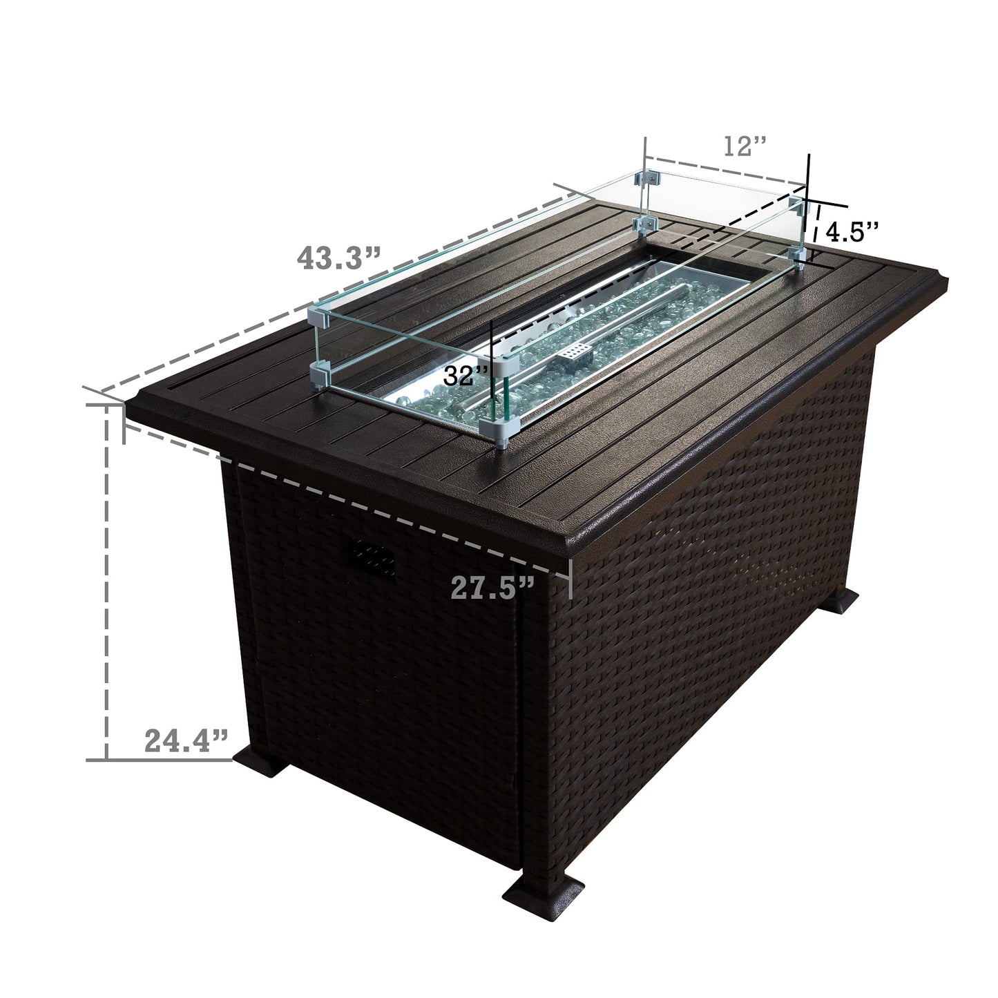 Kozyard Outdoor Patio Propane Gas Fire Pit Table - 50,000 BTU Wicker Design with Aluminum Tabletop, Glass Wind Guard, Clear Glass Rocks Slide Out Tank Holder - Ideal Patio Fire Table (Brown)