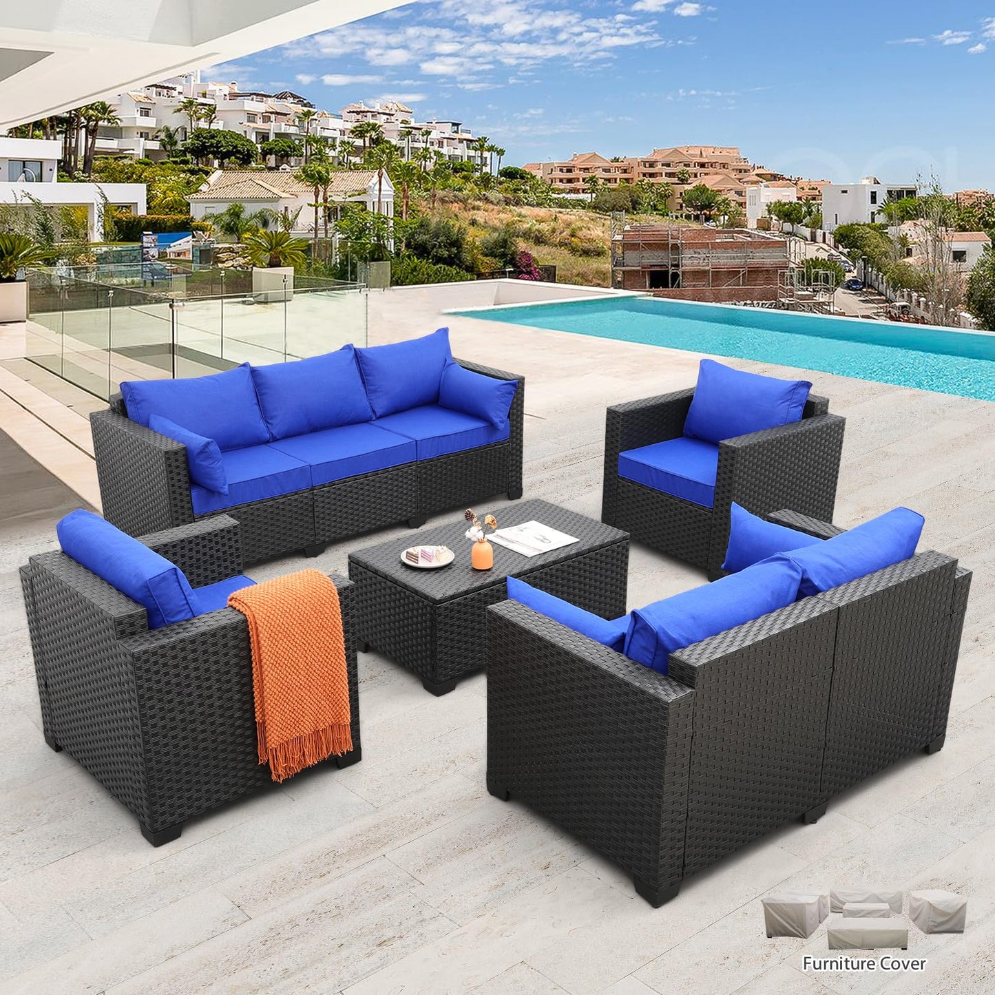 Rattaner 5 Pcs Outdoor Furniture Sets Patio Furniture Set with 45" Fire Pit Patio Couch Outdoor Chairs 60000 BTU Steel Propane Fire Pit Table No-Slip Cushions and Waterproof Covers, Light Grey