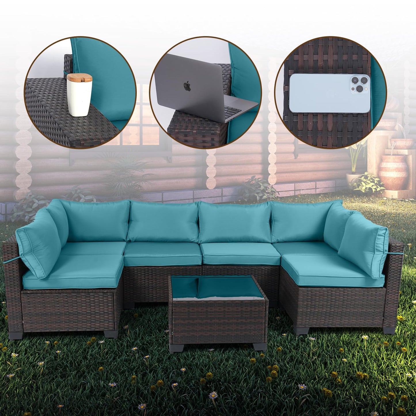 LEVELEVE 7 Pieces Outdoor Patio Furniture Sets,Rattan Conversation Sectional Set,Manual Weaving Wicker Patio Sofa with Tea Table