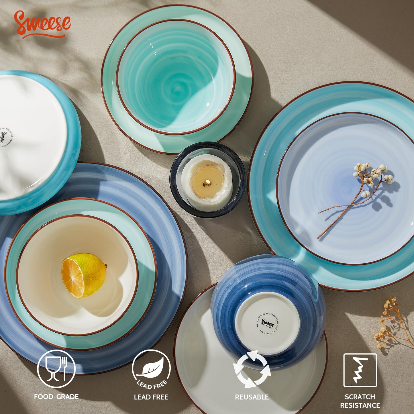 Sweese Plates and Bowls Sets, 18 Piece Dinnerware Set Porcelain Round Dinner Set for 6, Scratch Resistant Dishes Set, Dishwasher and Oven Microwave Safe Handpainted Swirl Dishware Sets, Neutral
