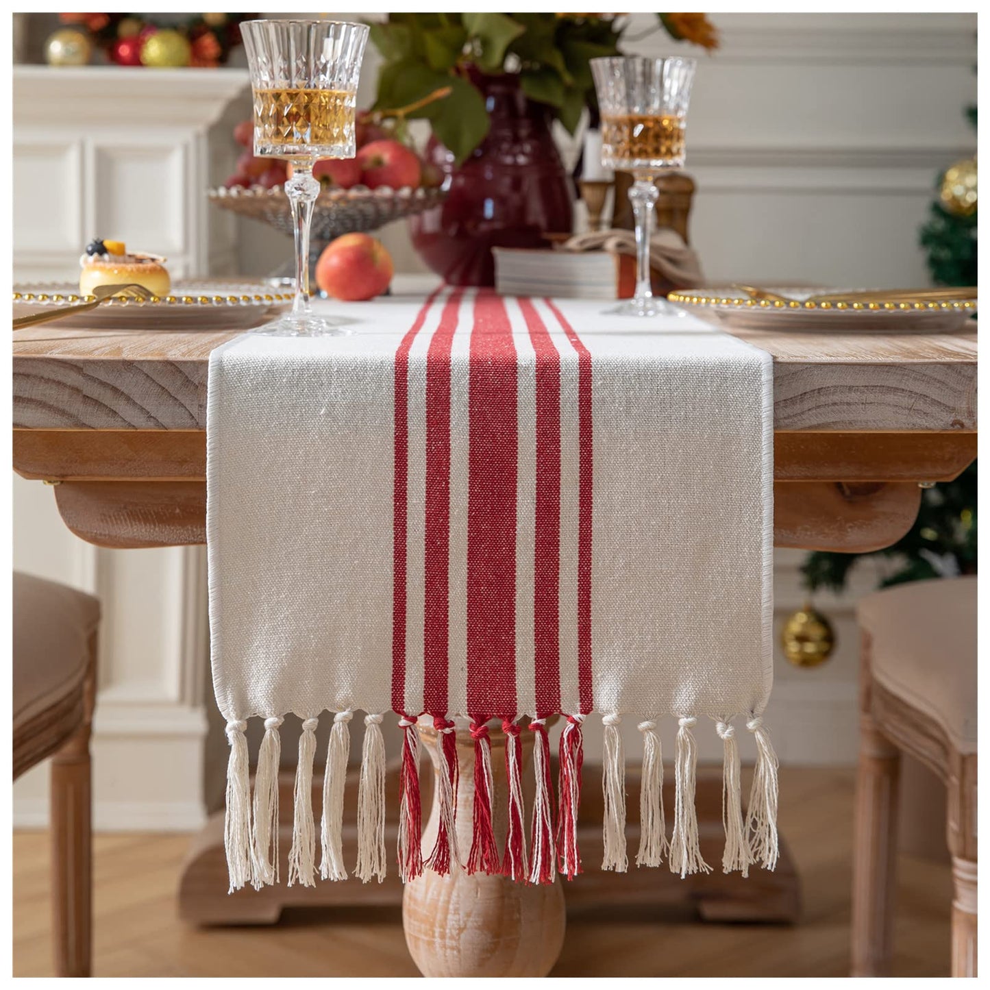 Caflife Boho Table Runner for Modern Farmhouse Decor, Dining Table décor 13 x 72 Inch Long, Coffee Table Runner with Handcrafted Tassels, Green and Beige Stripe Table Runner for Home Boho décor
