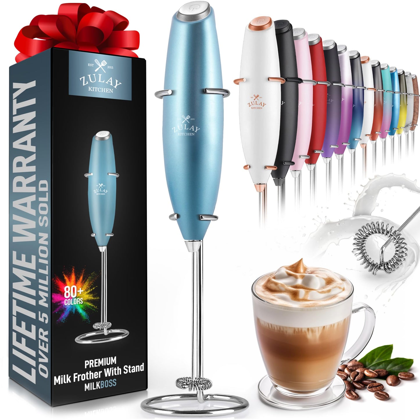 Zulay Double Whisk Milk Frother Handheld Mixer - High Powered Frother For Coffee With Improved Motor - Milk Frother Electric Whisk Drink Mixer For Cappuccino, Frappe, Matcha, Twin Whisk - Black/Copper