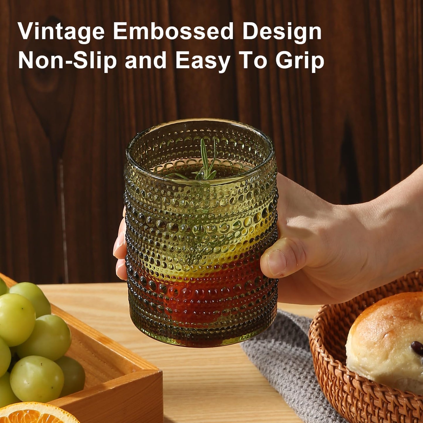 Vintage Glassware Drinking Glasses Set of 6,15 oz Hobnail Glass Cups,Embossed Blue Water Tumbler,for Beer,Cocktail,Whiskey,Juice and Various Mixed Drinks- 1 Cleaning Brush