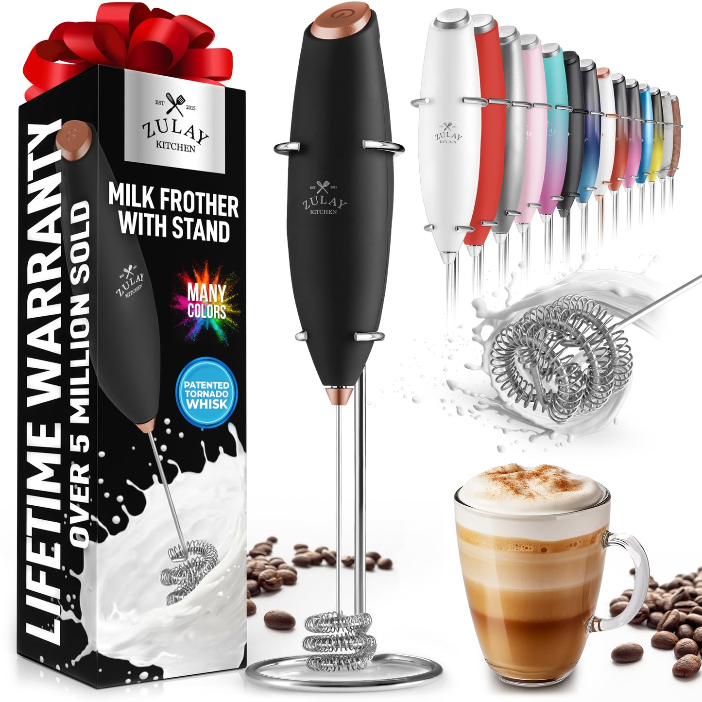 Zulay Double Whisk Milk Frother Handheld Mixer - High Powered Frother For Coffee With Improved Motor - Milk Frother Electric Whisk Drink Mixer For Cappuccino, Frappe, Matcha, Twin Whisk - Black/Copper