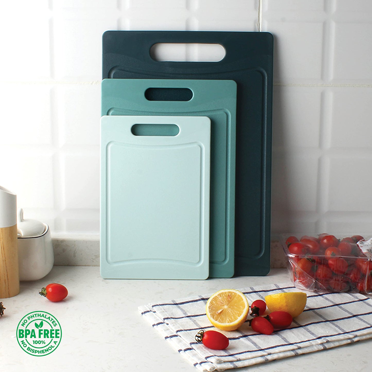 COOK WITH COLOR Non-Slip Cutting Board Set – Kitchen Essentials with Easy Grip Handle for Meat, Veggies, and Fruits, 3 Cutting Boards, Teal
