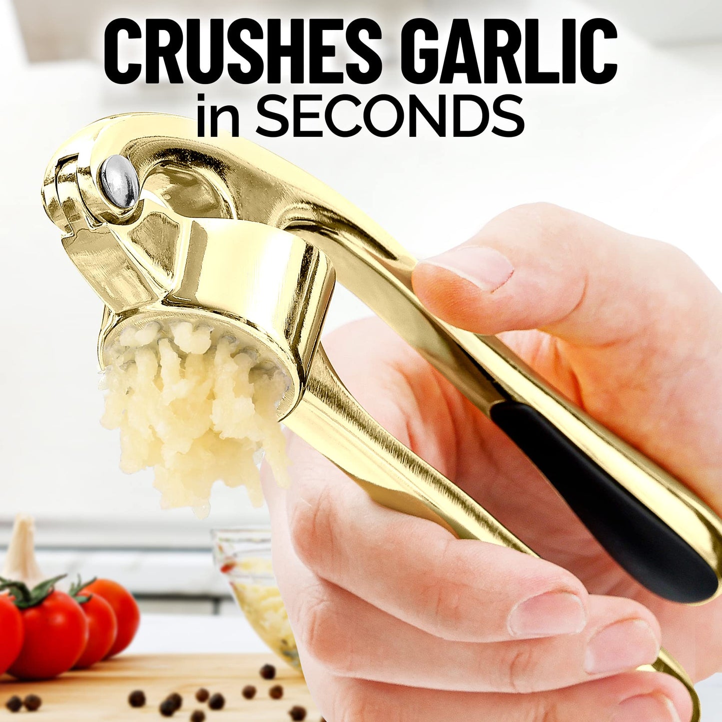 Zulay Kitchen Premium Garlic Press Set - Rust Proof & Dishwasher Safe Professional Garlic Mincer Tool - Easy-Squeeze, Easy-Clean with Soft, Ergonomic Handle - Silicone Garlic Peeler & Brush (Silver)