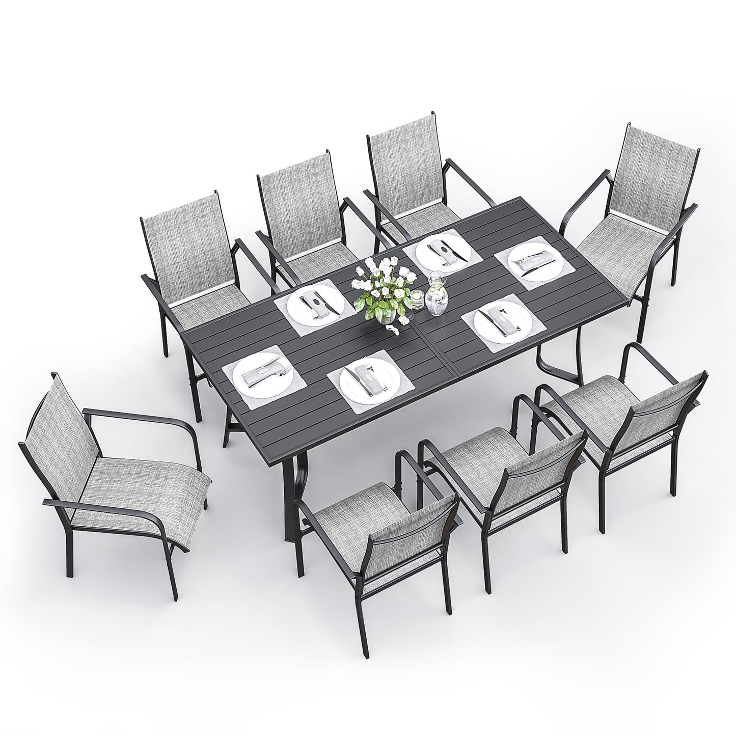 9-Piece Outdoor Patio Dining Set with 8 Swivel Rocker Chairs, Rectangular Metal Table with Umbrella Hole, 8-Person Patio Table and Chairs for Backyard, Poolside, Balcony and Garden Grey