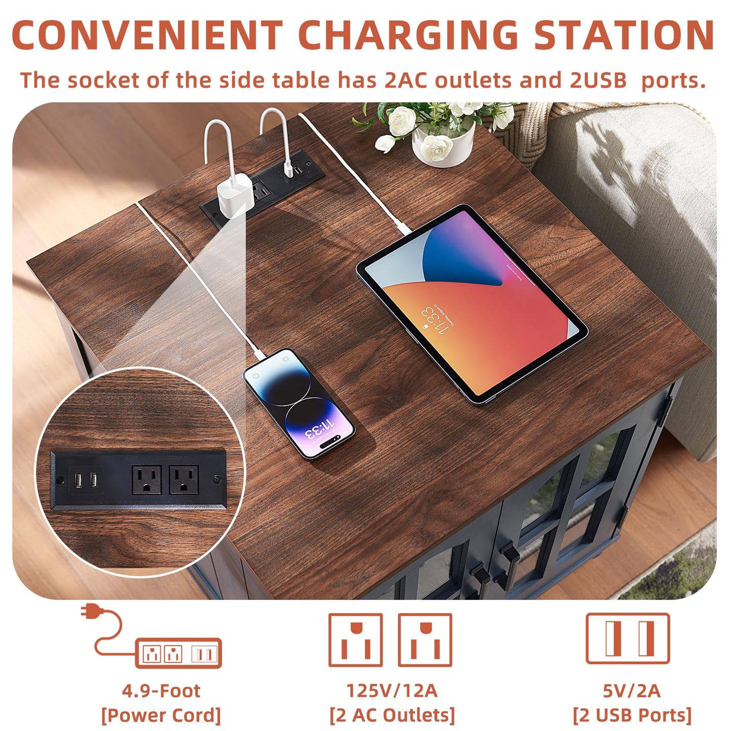 Farmhouse 24" End Table Set of 2 with Charging Station, Large Sofa Side Table with Glass Barn Door,Wood Night Stand with Adjustable Storage Shelf,Square Bedside Table for Living Room,Bedroom