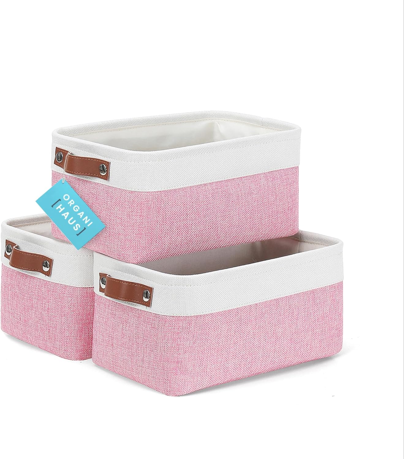 OrganiHaus Small Fabric Storage Baskets for Shelves 3 Pack, 12x8in Closet Storage Bins for Shelves, Cloth Baskets for Organizing, Linen Closet Organizers, Fabric Basket, Beige/White