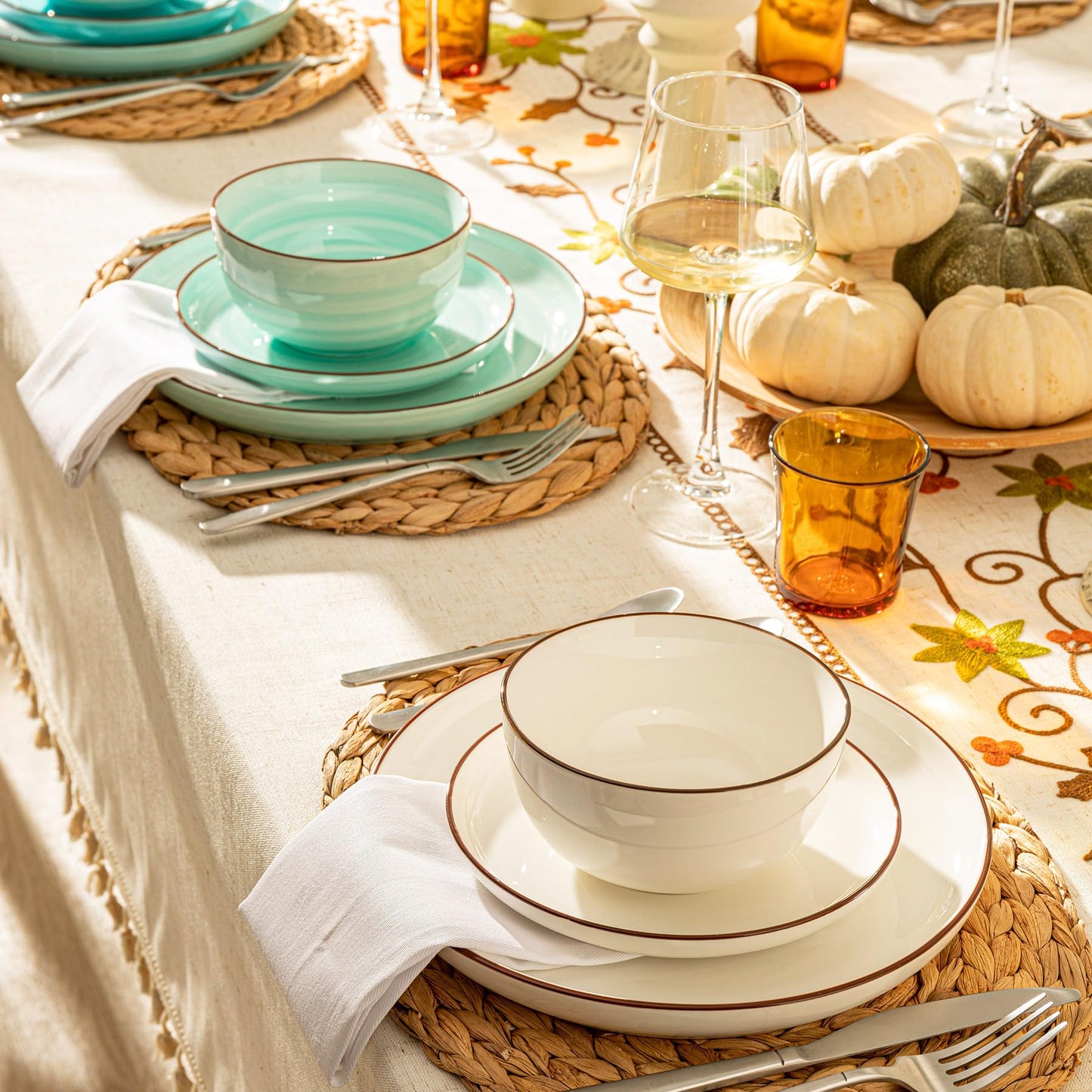 Sweese Plates and Bowls Sets, 18 Piece Dinnerware Set Porcelain Round Dinner Set for 6, Scratch Resistant Dishes Set, Dishwasher and Oven Microwave Safe Handpainted Swirl Dishware Sets, Neutral