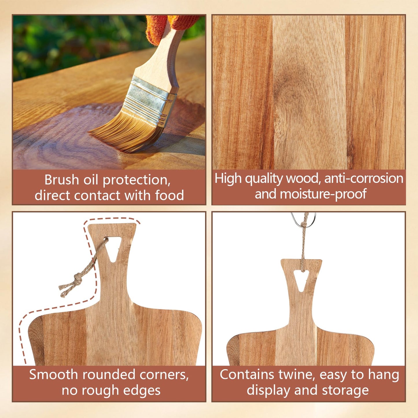 Hsei 2 Pcs Acacia Wood Cutting Board with Handle Wooden Charcuterie Board Large Paddle Carving Chopping Set Butter Serving Tray for Cheese Meat Fruit Pizza Bread Baking(Classic Handle)
