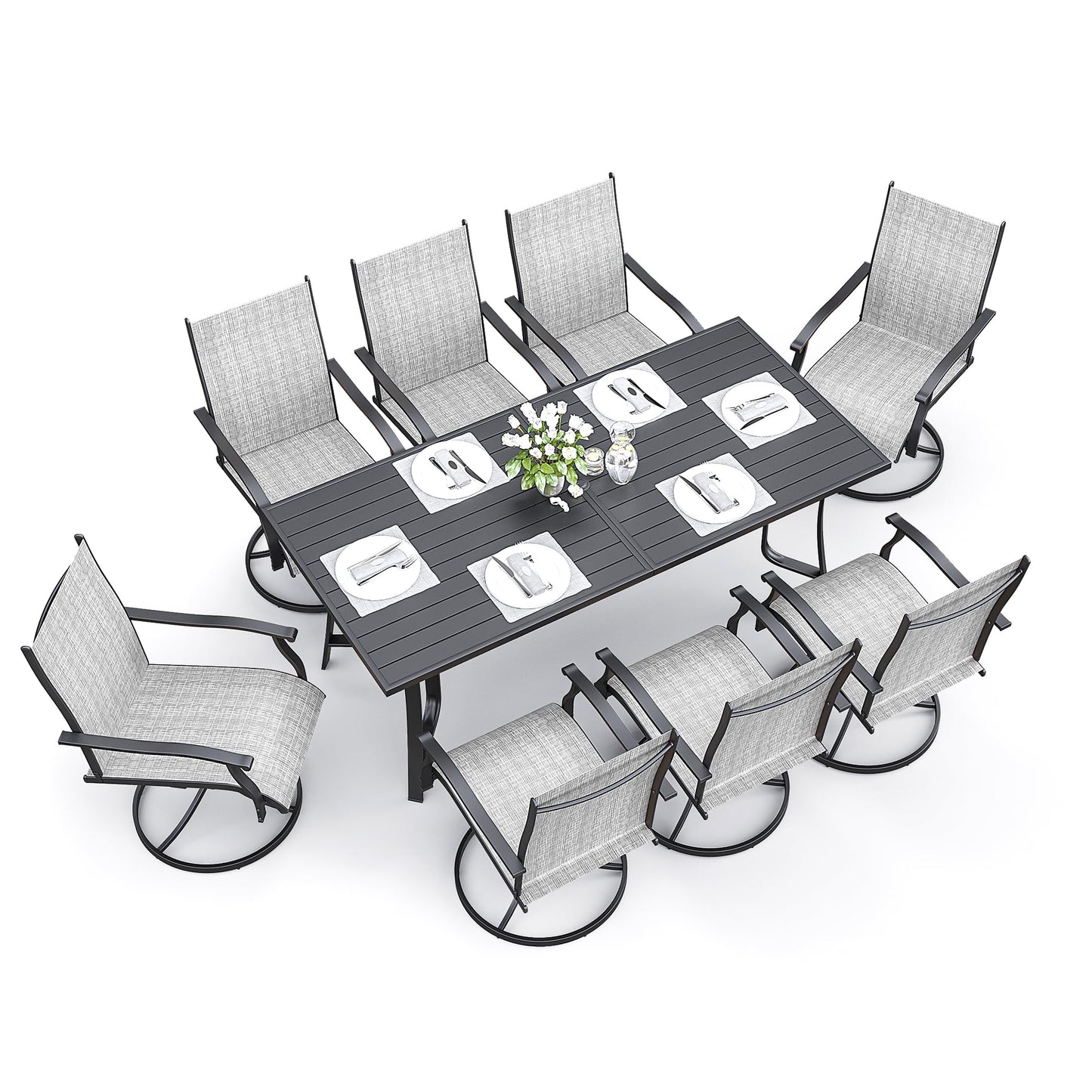 9-Piece Outdoor Patio Dining Set with 8 Swivel Rocker Chairs, Rectangular Metal Table with Umbrella Hole, 8-Person Patio Table and Chairs for Backyard, Poolside, Balcony and Garden Grey