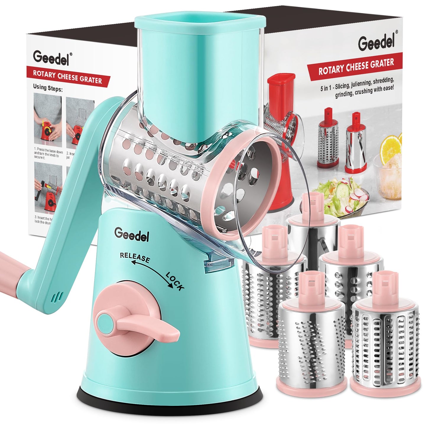 Geedel Rotary Cheese Grater Cheese Shredder - Upgraded 5-in-1 Cheese Grater with Handle and Strong Suction Base, Multi-purpose Vegetable Slicer Ice Shaver Nuts Grinder for Ice, Vegetables, Fruit, Nuts