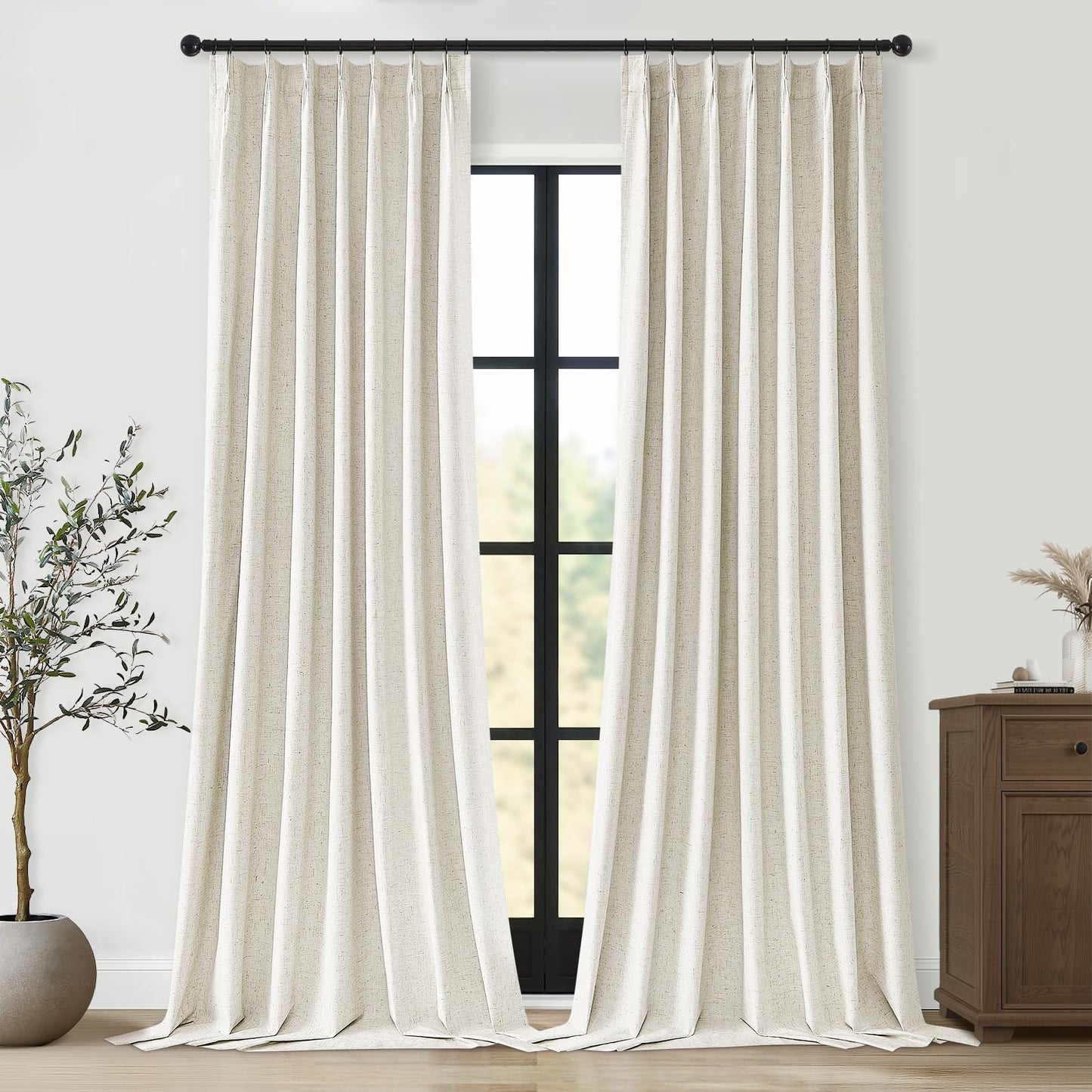 Topfinel 120 Inches Long Extra Long Pinch Pleat Faux Linen Curtains for Living Room,Neutral Beige 100 Percent Blackout Floor to Ceiling Farmhouse Sound Absorbing Drapes 2 Panels for Track System 10 FT