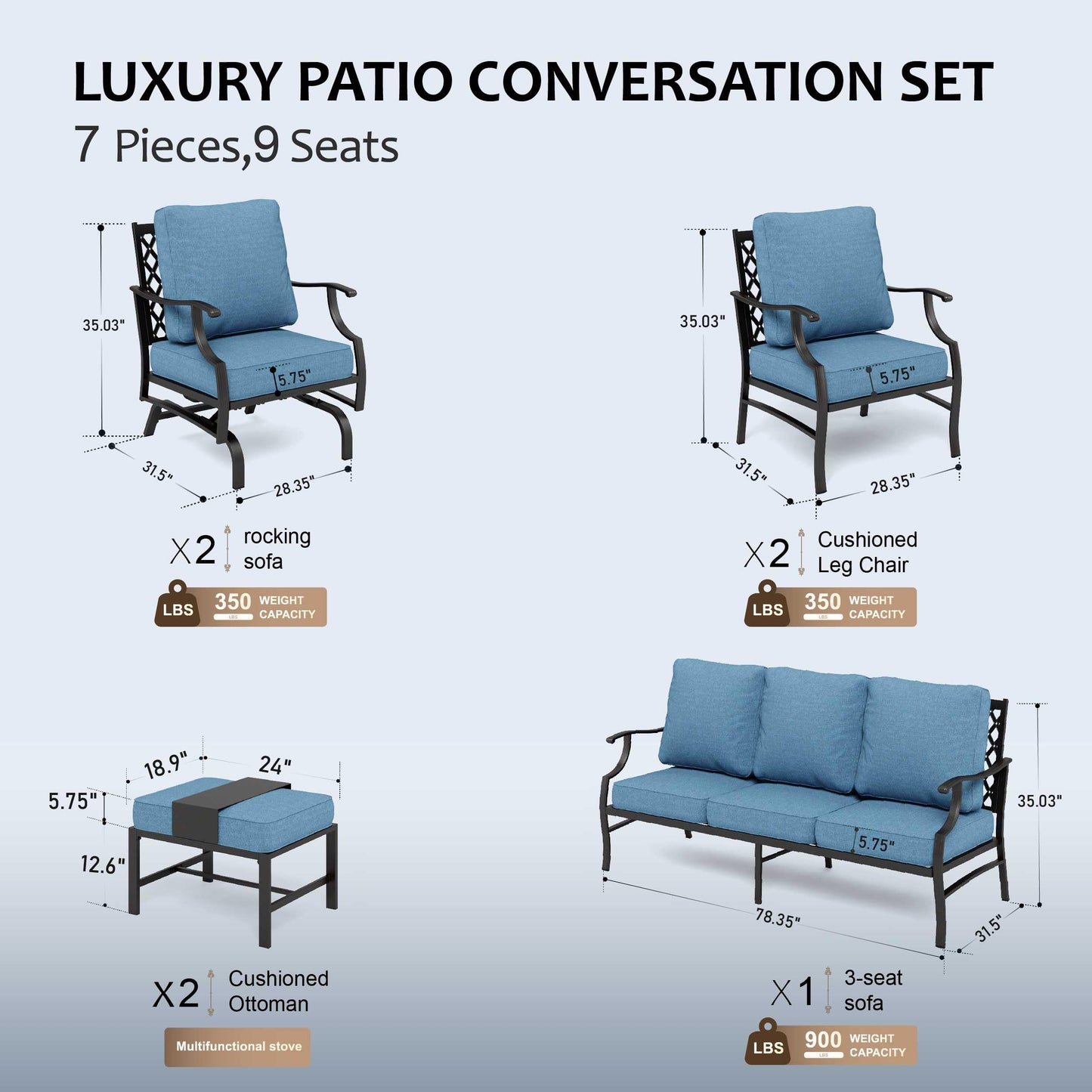 HERA'S HOUSE 7 Piece Patio Furniture Set, 2 x Rocking Chair, 2 x Fixed Chair, 2 x Ottoman, 1 x 3-Seat Sofa, All Cushioned 9 Seats Outdoor Conversation Set for Lawn Garden Backyard