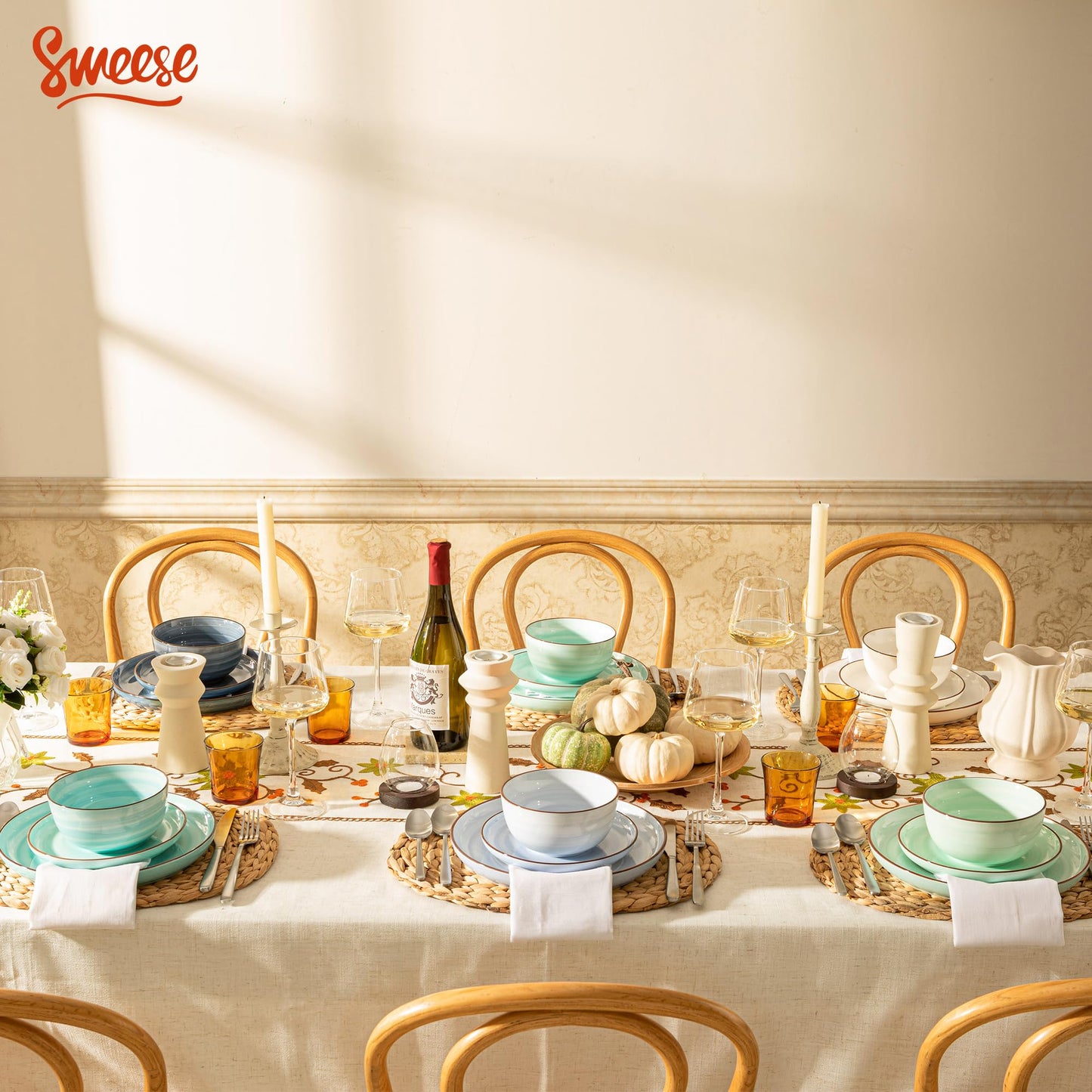 Sweese Plates and Bowls Sets, 18 Piece Dinnerware Set Porcelain Round Dinner Set for 6, Scratch Resistant Dishes Set, Dishwasher and Oven Microwave Safe Handpainted Swirl Dishware Sets, Neutral