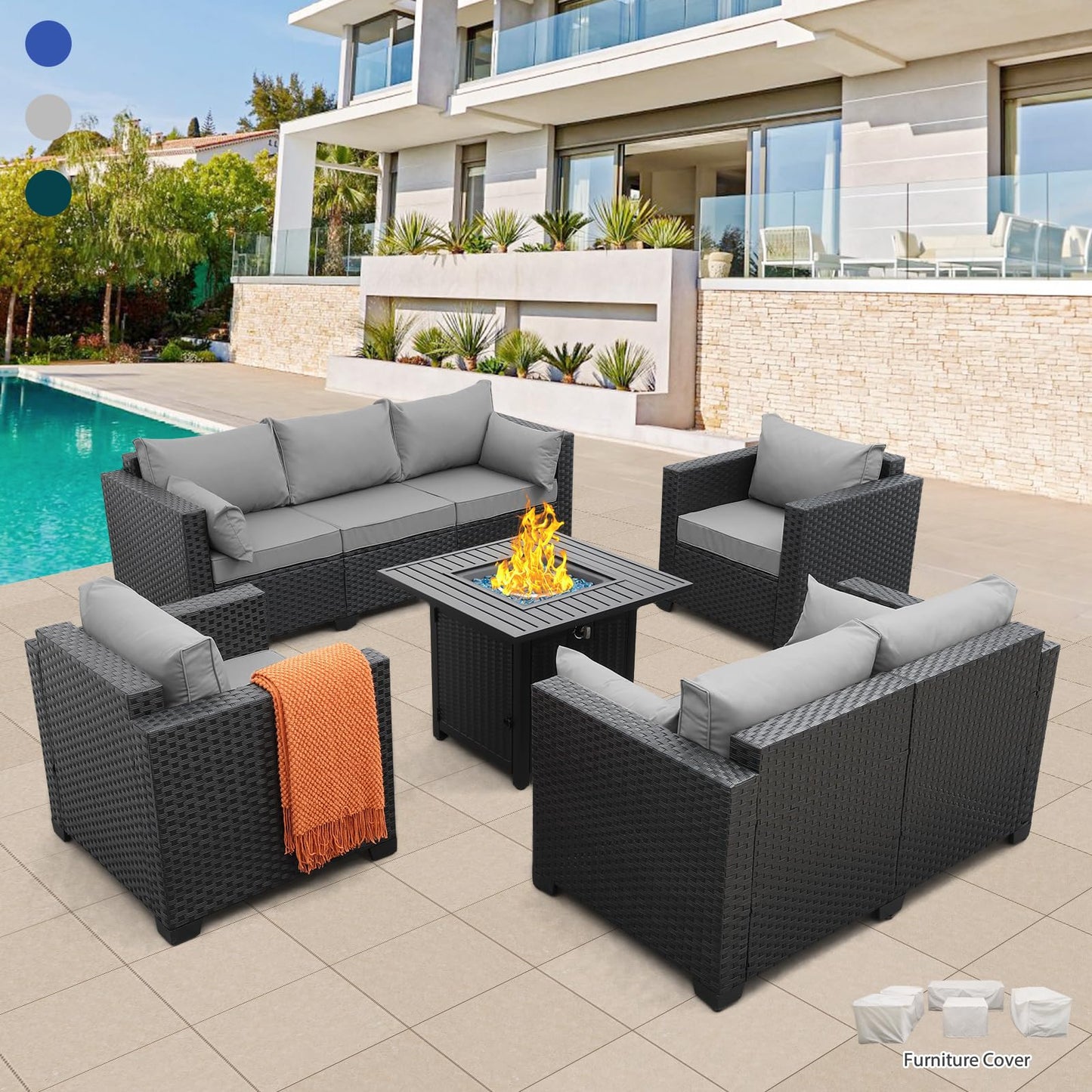 Rattaner 5 Pcs Outdoor Furniture Sets Patio Furniture Set with 45" Fire Pit Patio Couch Outdoor Chairs 60000 BTU Steel Propane Fire Pit Table No-Slip Cushions and Waterproof Covers, Light Grey