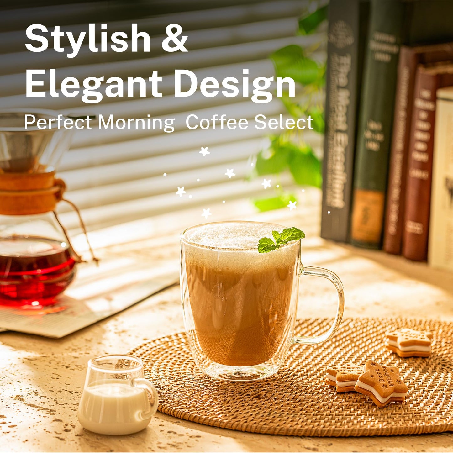 Sweese Double Wall Glass Coffee Mugs - 12.5 oz Insulated Clear Coffee Mugs Set of 2, Perfect for Espresso, Cappuccino, Latte, Americano, Tea Bag, Beverage