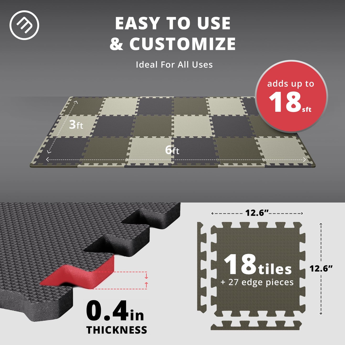 Gym Flooring Set - Interlocking EVA Soft Foam Floor Mat, 18 Pieces Puzzle Rubber Tiles Protective Ground Surface Protection, Play Workout Exercise Mats Underlay Matting Sports Pool Home Fitness Garage