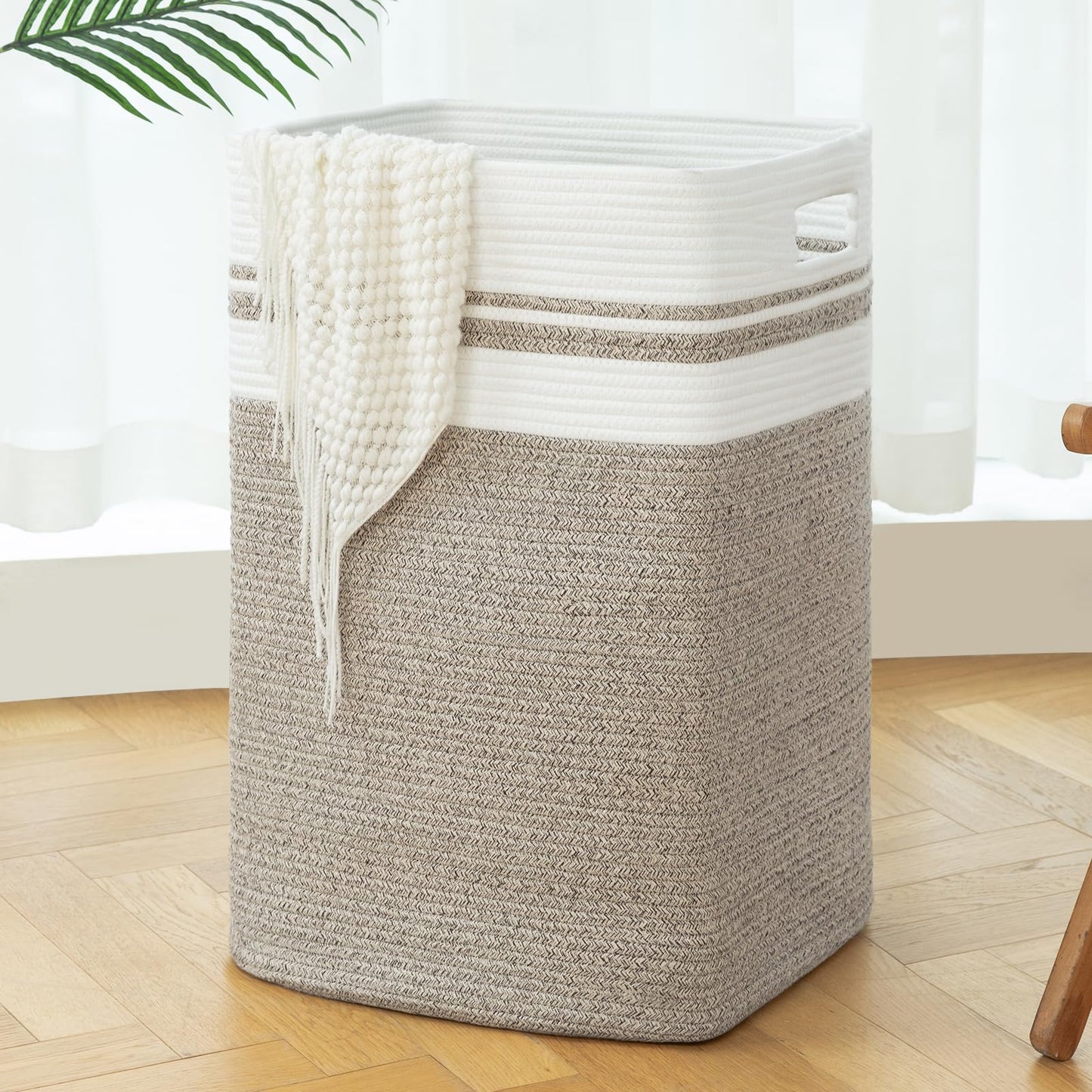 OIAHOMY Laundry Hamper-Laundry Basket,Tall Cotton Storage Basket with Handles,Decorative Blanket Basket for Living room,Collapsible Large Basket for Toys,Pillows,Clothes-16x13x22in-Yellow variegated