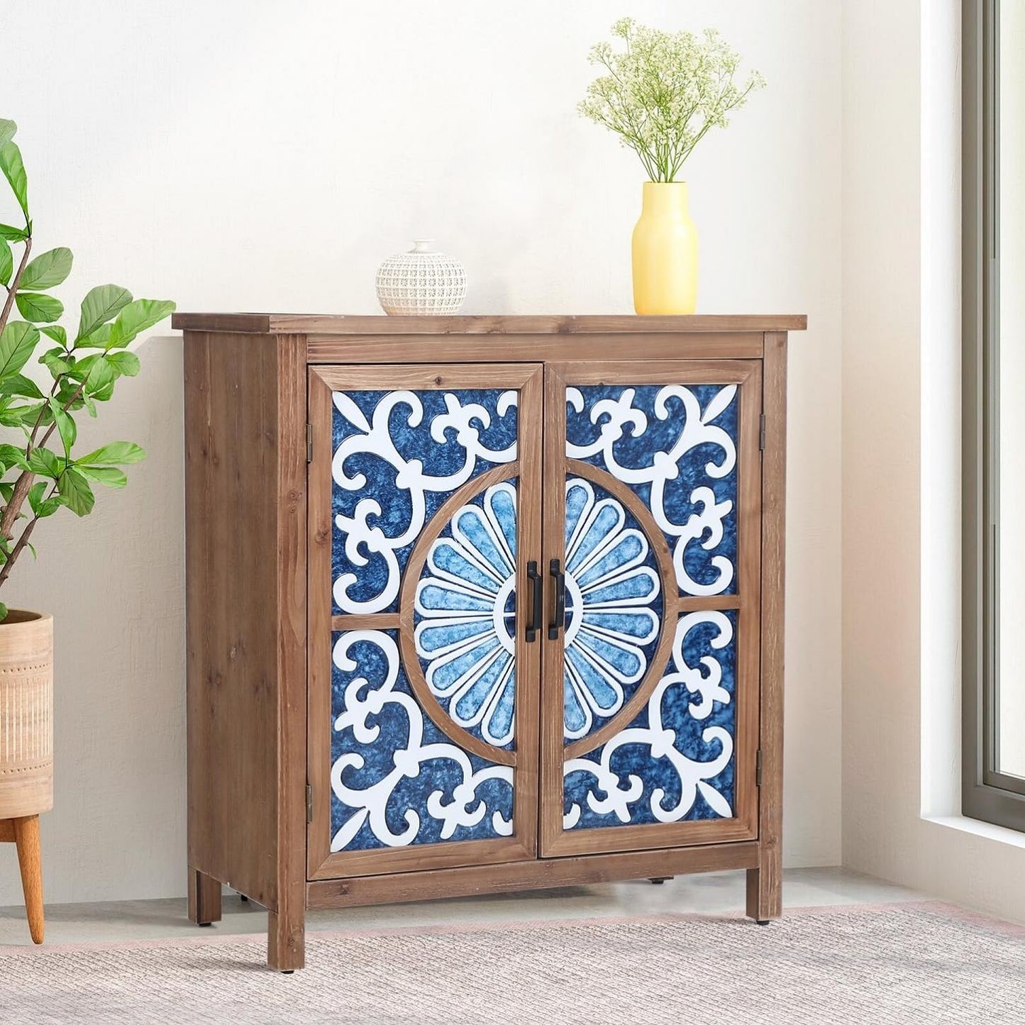 MFSTUDIO Accent Storage Cabinet with 2 Doors, Distressed Storage Cabinet Buffet Sideboard Display Cabinet with Metal Church Window Door for Entryway Living Room Kitchen, Black