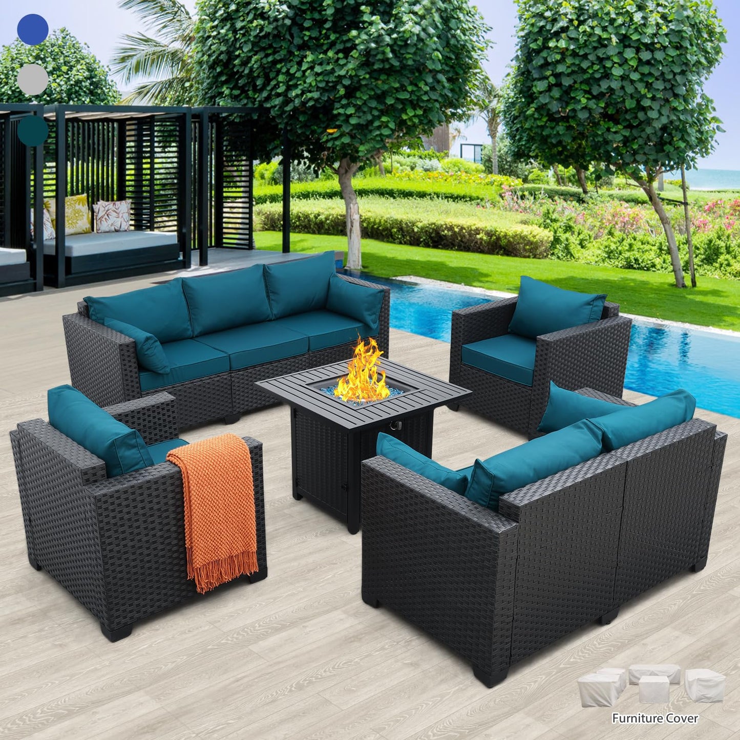 Rattaner 5 Pcs Outdoor Furniture Sets Patio Furniture Set with 45" Fire Pit Patio Couch Outdoor Chairs 60000 BTU Steel Propane Fire Pit Table No-Slip Cushions and Waterproof Covers, Light Grey