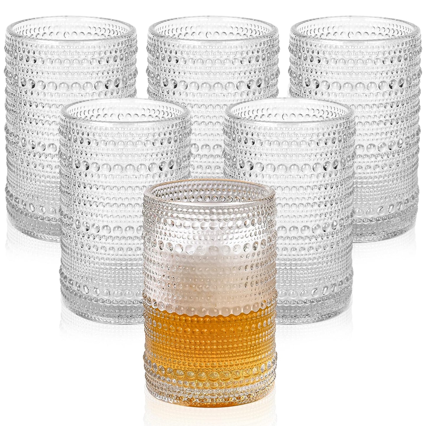Vintage Glassware Drinking Glasses Set of 6,15 oz Hobnail Glass Cups,Embossed Blue Water Tumbler,for Beer,Cocktail,Whiskey,Juice and Various Mixed Drinks- 1 Cleaning Brush