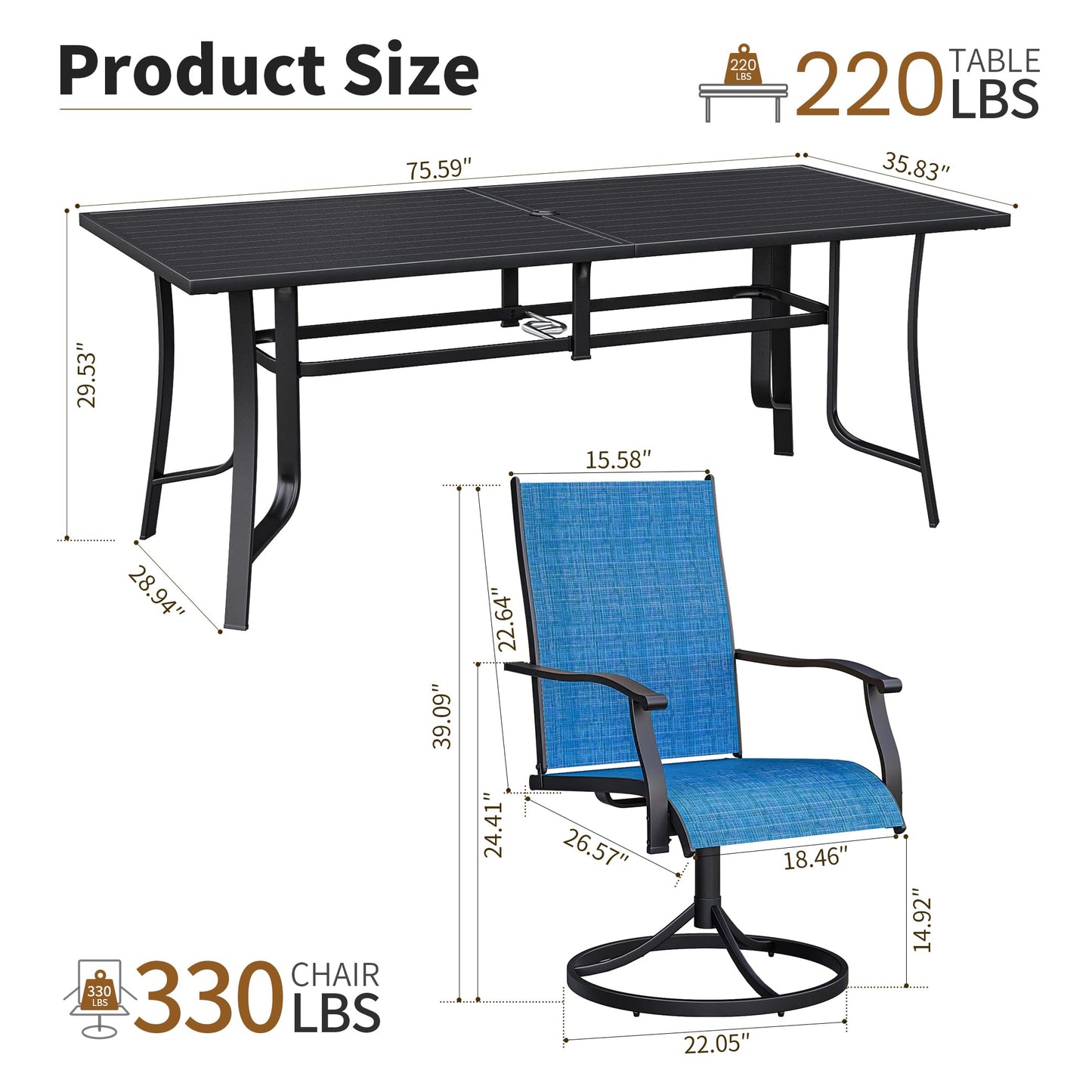 9-Piece Outdoor Patio Dining Set with 8 Swivel Rocker Chairs, Rectangular Metal Table with Umbrella Hole, 8-Person Patio Table and Chairs for Backyard, Poolside, Balcony and Garden Grey