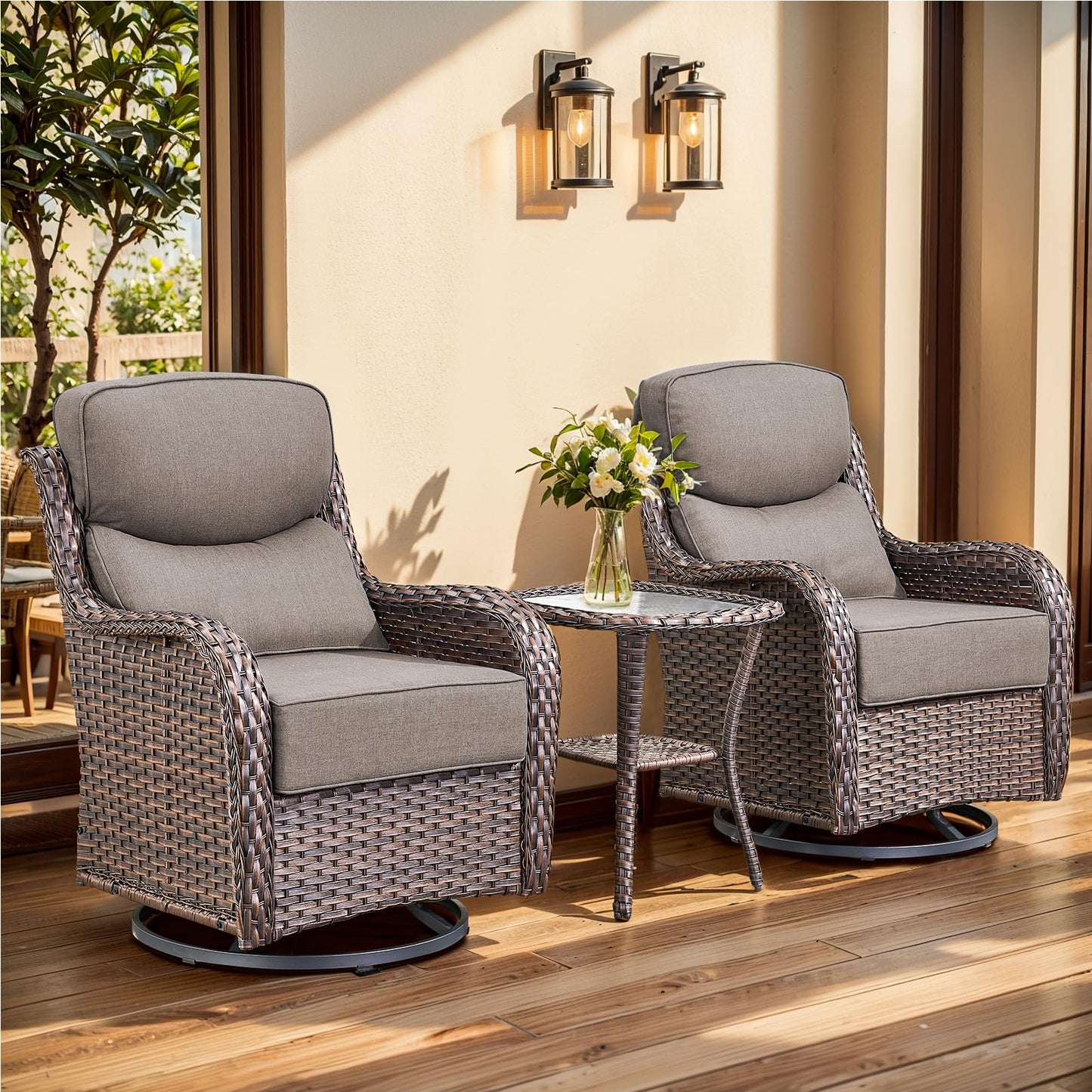 Luxury Outdoor Swivel Rocker Patio Chairs, High Back Swivel Patio Chairs with Side Table & 6-Inch Thick Cushions, Wicker Outdoor Bistro Set for Porch, Yard, Deck, Poolside, Brown/Beige