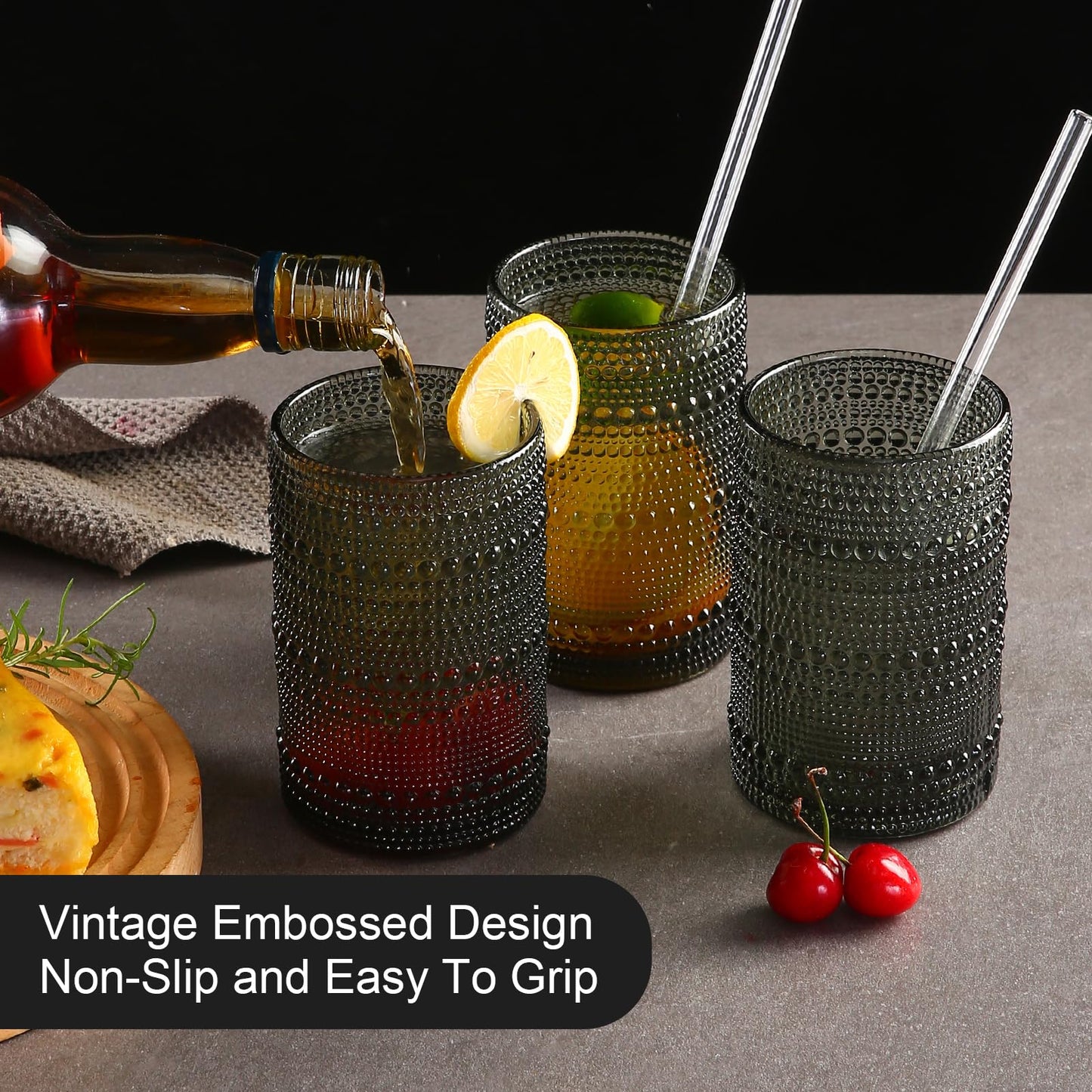 Vintage Glassware Drinking Glasses Set of 6,15 oz Hobnail Glass Cups,Embossed Blue Water Tumbler,for Beer,Cocktail,Whiskey,Juice and Various Mixed Drinks- 1 Cleaning Brush