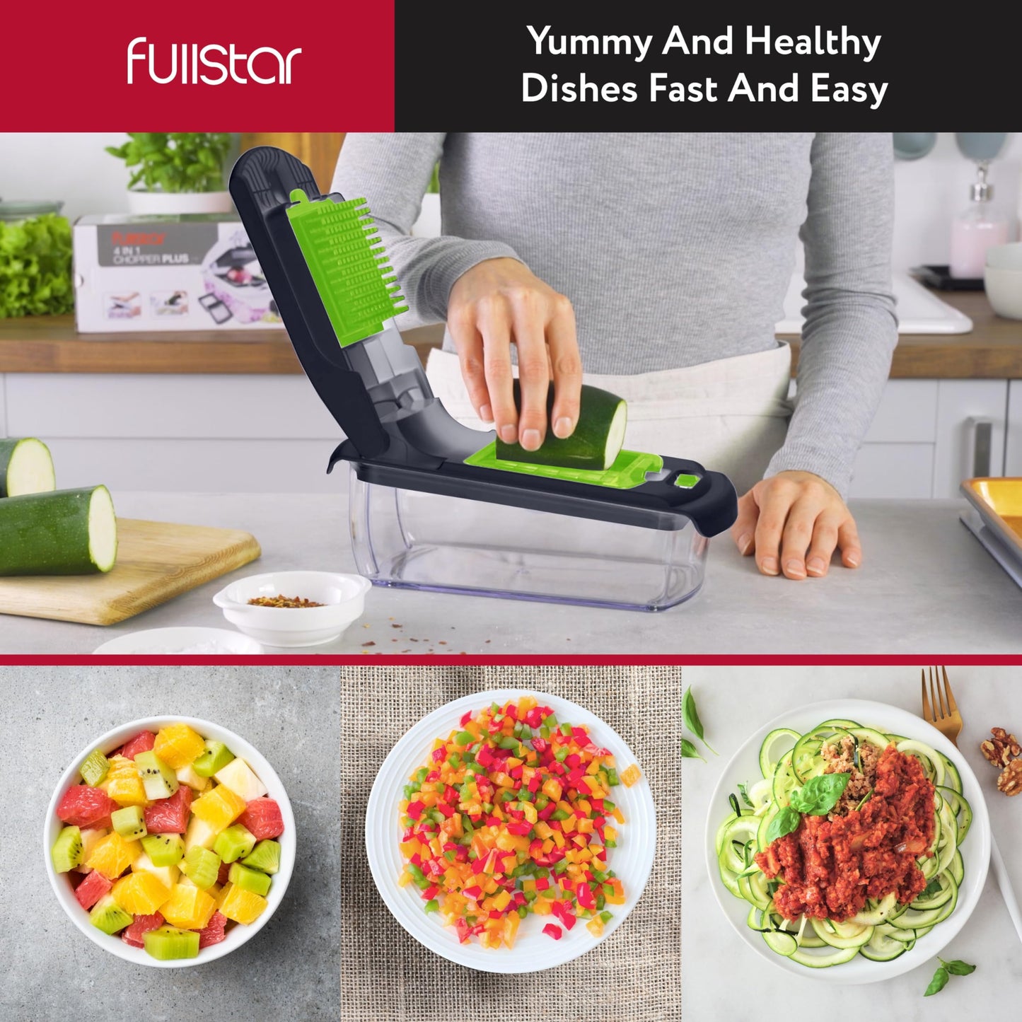 Fullstar Vegetable Chopper and Spiralizer - Food Chopper with Container, Fruit Slicer, Kitchen Gadgets & Accessories, Home Essentials (4 in 1, White)