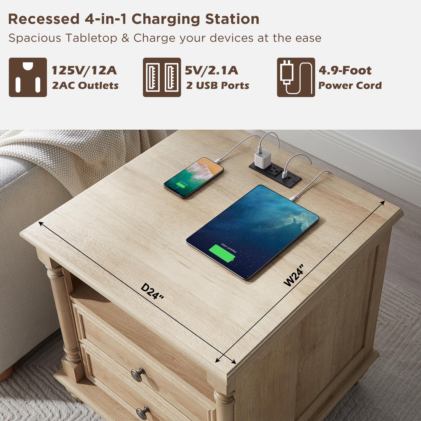 T4TREAM 24'' Farmhouse End Table w/4 Solid Wood Feet, Large 2 Drawers Wide Sofa Side Table with Charging Station, Tall Rustic Wood Square Nightstand for Living Room, Bedroom, Office, Antique White