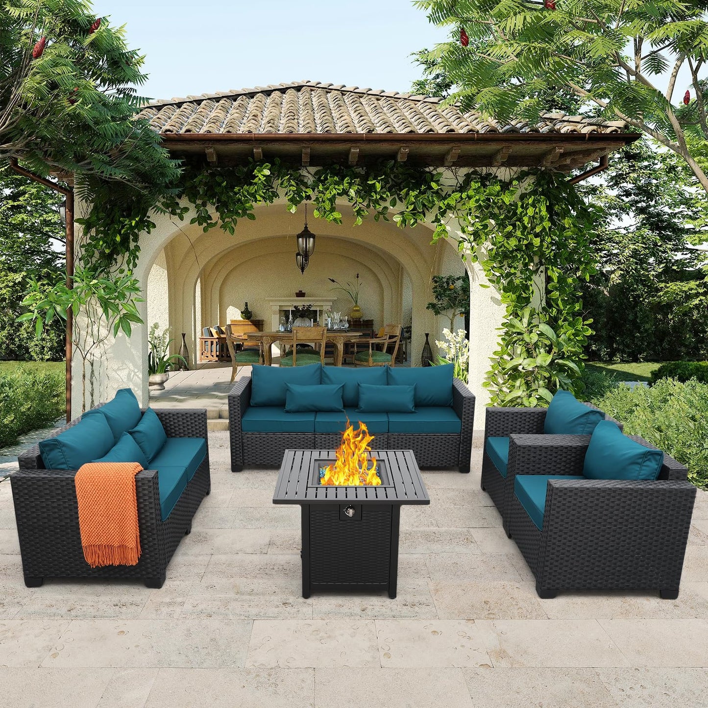 Rattaner 5 Pcs Outdoor Furniture Sets Patio Furniture Set with 45" Fire Pit Patio Couch Outdoor Chairs 60000 BTU Steel Propane Fire Pit Table No-Slip Cushions and Waterproof Covers, Light Grey