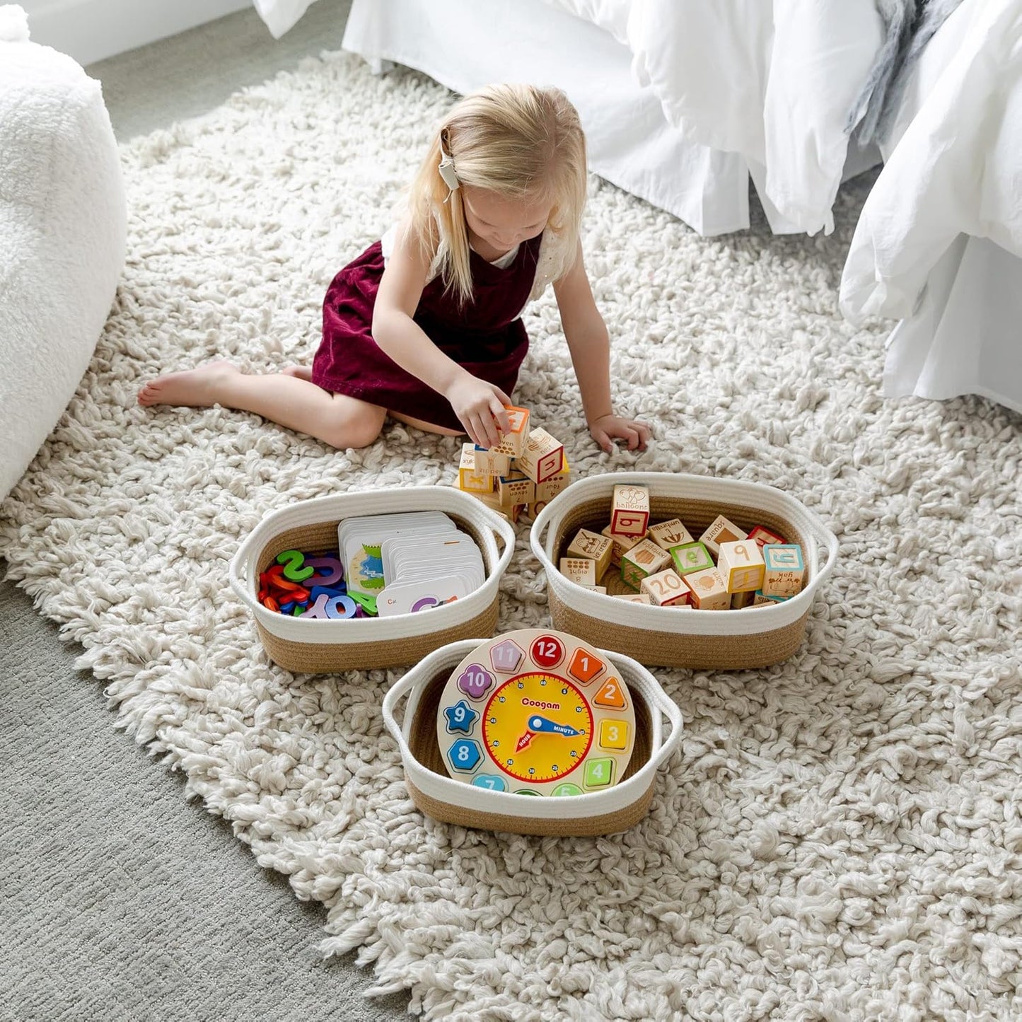 NaturalCozy 5-Piece Rectangle Storage Basket Set- Natural Cotton Rope Woven for Organizing! Small Basket for Montessori, Baby Nursery, Dog Toy Baskets, Cat Toy Box, Bathroom Organization Bin