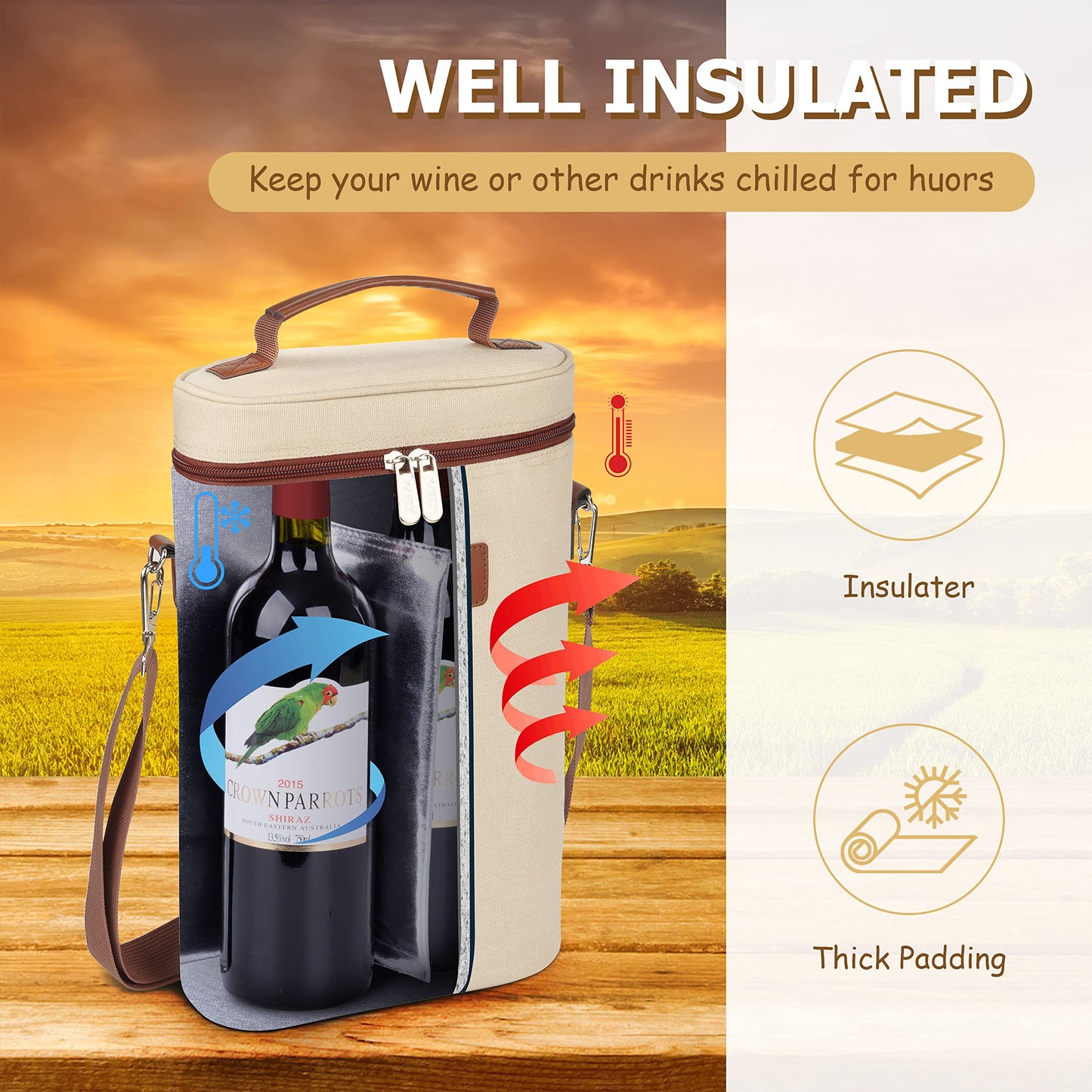 Tirrinia 2 Bottle Leakproof Insulated Wine Tote Carrier Bag - Padded Cooler for Travel, Restaurants, Tasting, Parties, Great Gift for Wine Lovers