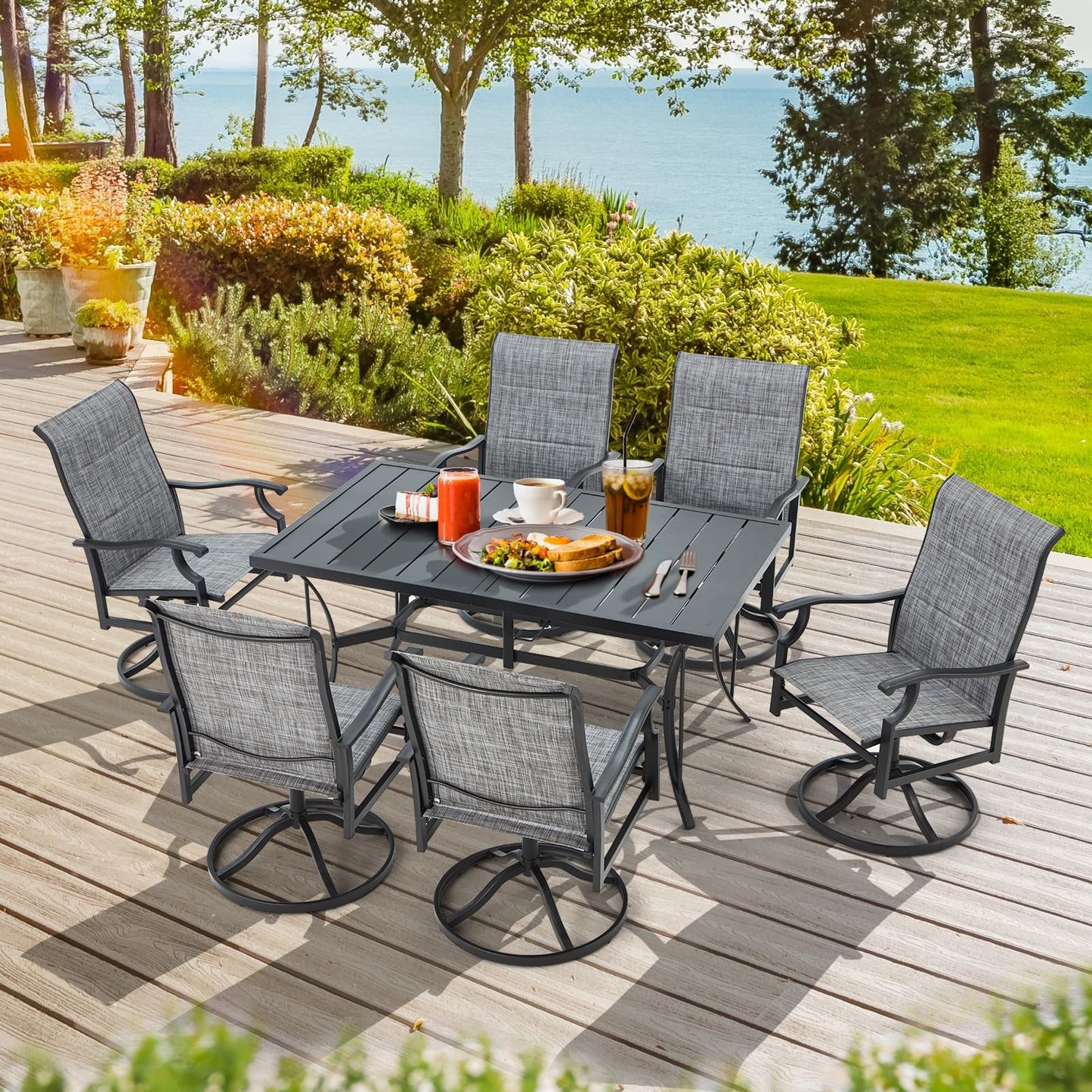 9-Piece Outdoor Patio Dining Set with 8 Swivel Rocker Chairs, Rectangular Metal Table with Umbrella Hole, 8-Person Patio Table and Chairs for Backyard, Poolside, Balcony and Garden Grey