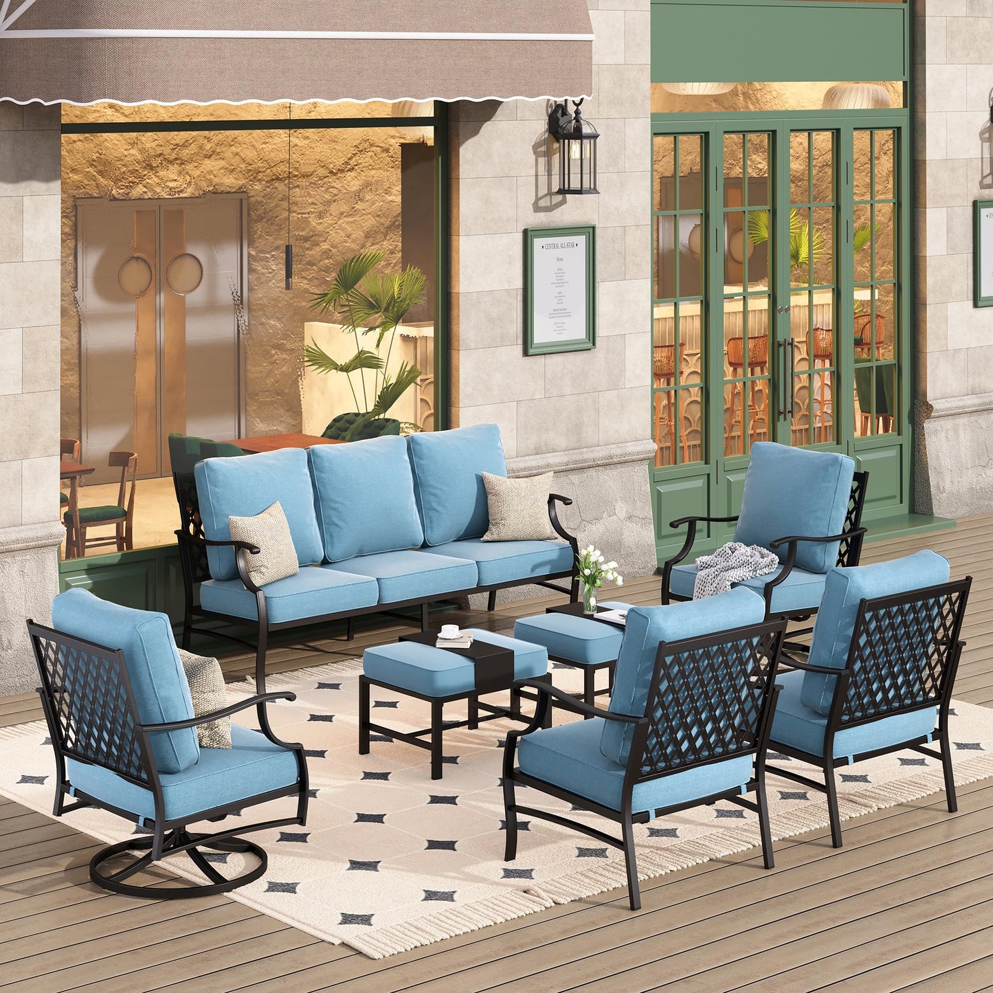 HERA'S HOUSE 7 Piece Patio Furniture Set, 2 x Rocking Chair, 2 x Fixed Chair, 2 x Ottoman, 1 x 3-Seat Sofa, All Cushioned 9 Seats Outdoor Conversation Set for Lawn Garden Backyard