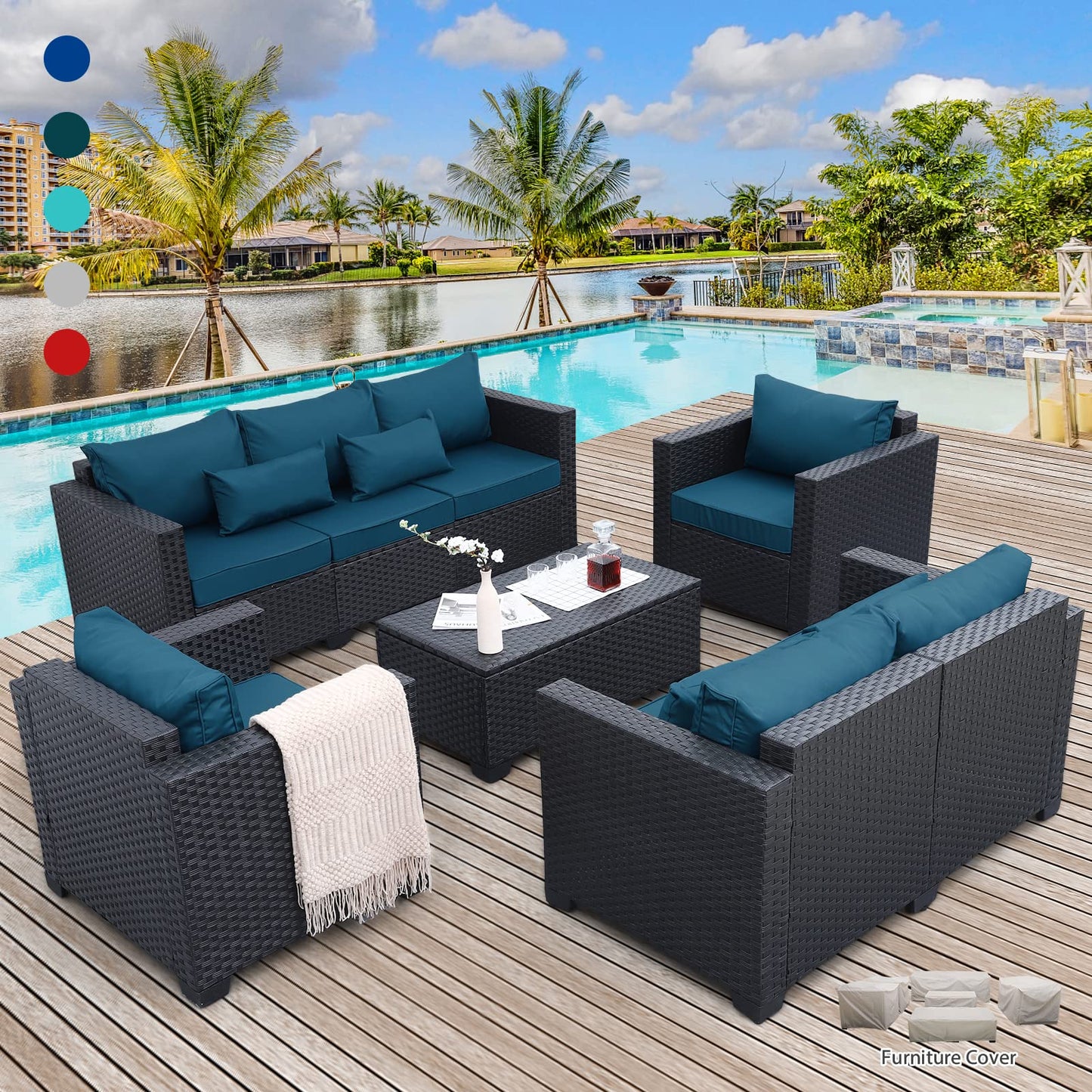 Rattaner 5 Pcs Outdoor Furniture Sets Patio Furniture Set with 45" Fire Pit Patio Couch Outdoor Chairs 60000 BTU Steel Propane Fire Pit Table No-Slip Cushions and Waterproof Covers, Light Grey