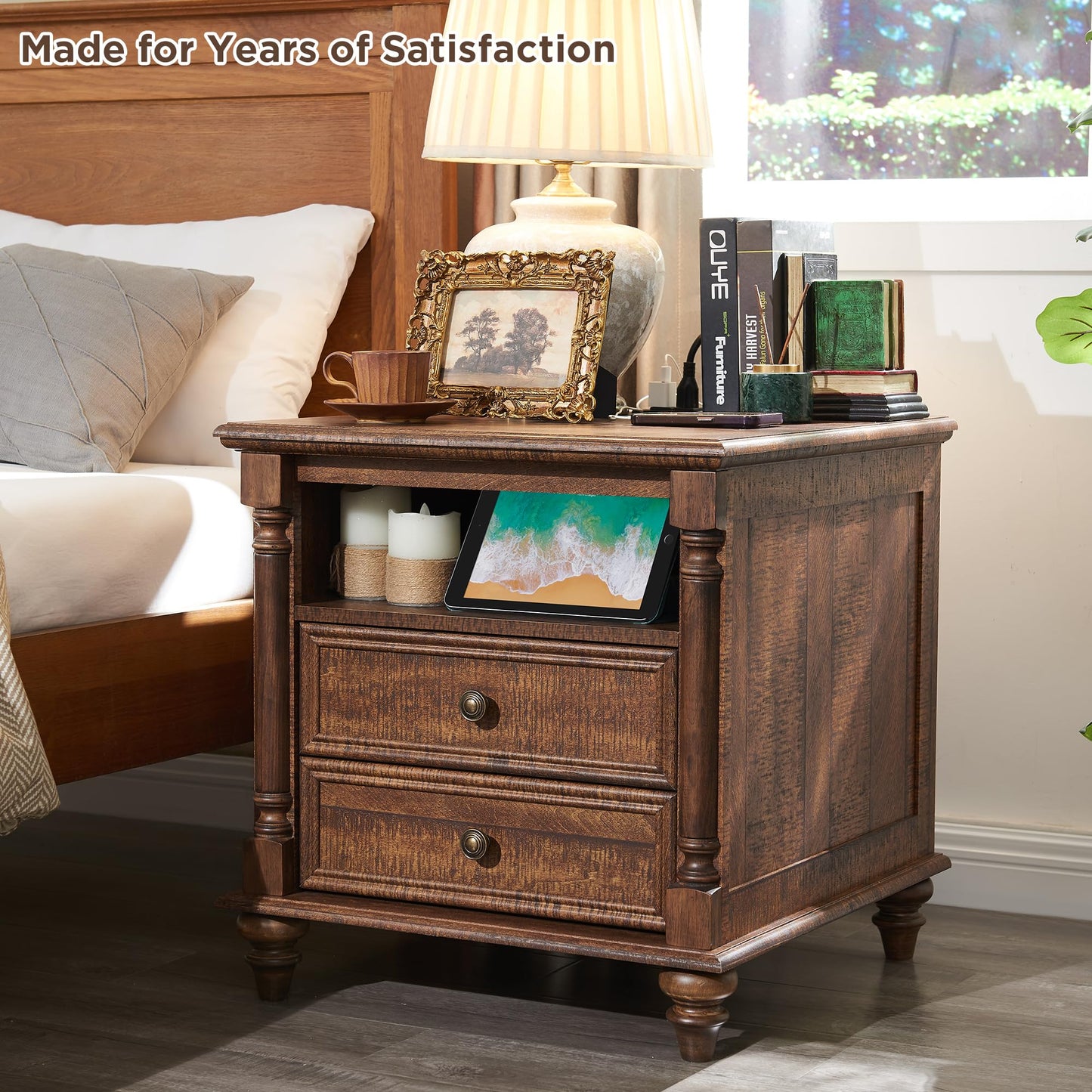 T4TREAM 24'' Farmhouse End Table w/4 Solid Wood Feet, Large 2 Drawers Wide Sofa Side Table with Charging Station, Tall Rustic Wood Square Nightstand for Living Room, Bedroom, Office, Antique White