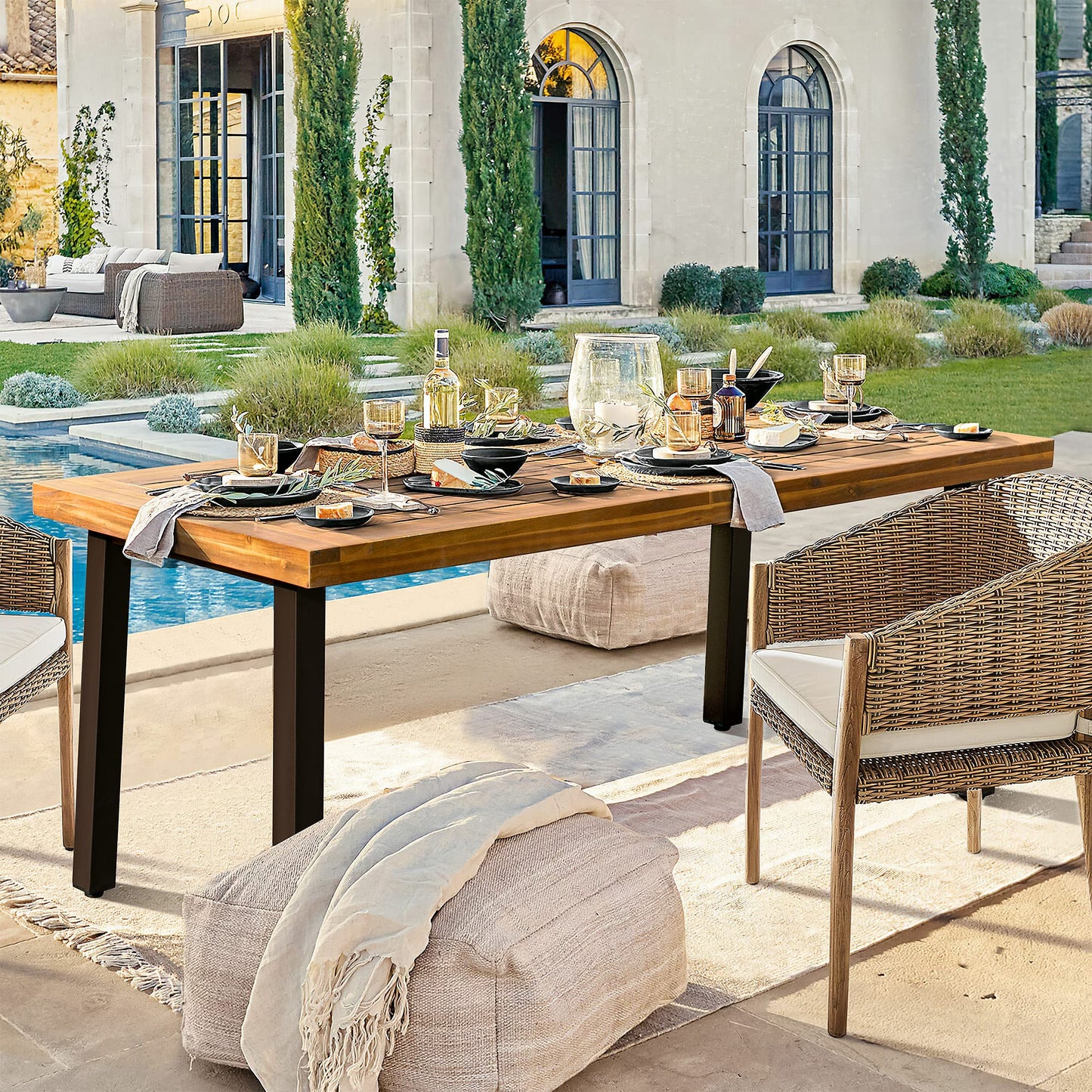 Devoko Home Acacia Wood Dining Table 6-Person Indoor Outdoor Table with Iron Legs, Sandblast Finish, Natural Stained, Rustic Metal, 69 * 33 * 30 inch (Natural)