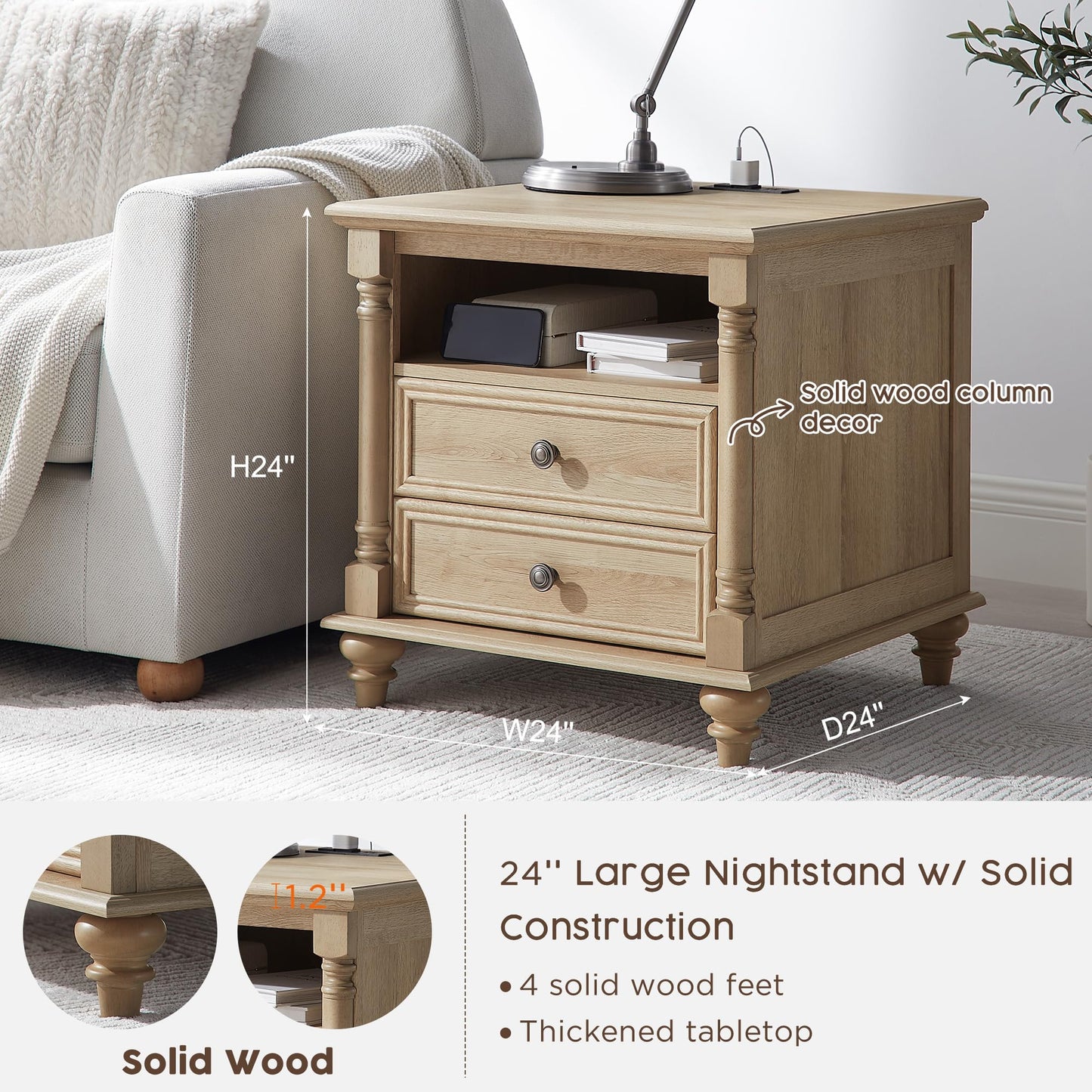 T4TREAM 24'' Farmhouse End Table w/4 Solid Wood Feet, Large 2 Drawers Wide Sofa Side Table with Charging Station, Tall Rustic Wood Square Nightstand for Living Room, Bedroom, Office, Antique White