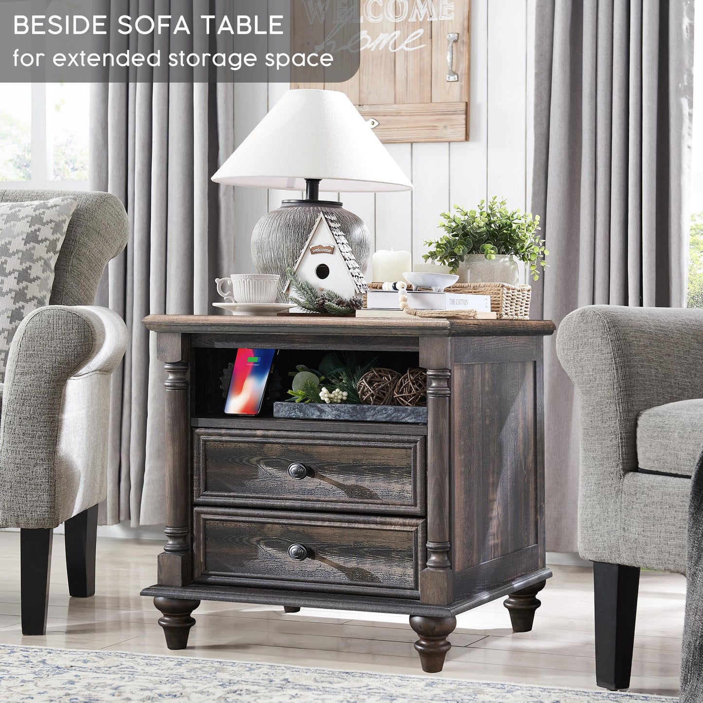 T4TREAM 24'' Farmhouse End Table w/4 Solid Wood Feet, Large 2 Drawers Wide Sofa Side Table with Charging Station, Tall Rustic Wood Square Nightstand for Living Room, Bedroom, Office, Antique White