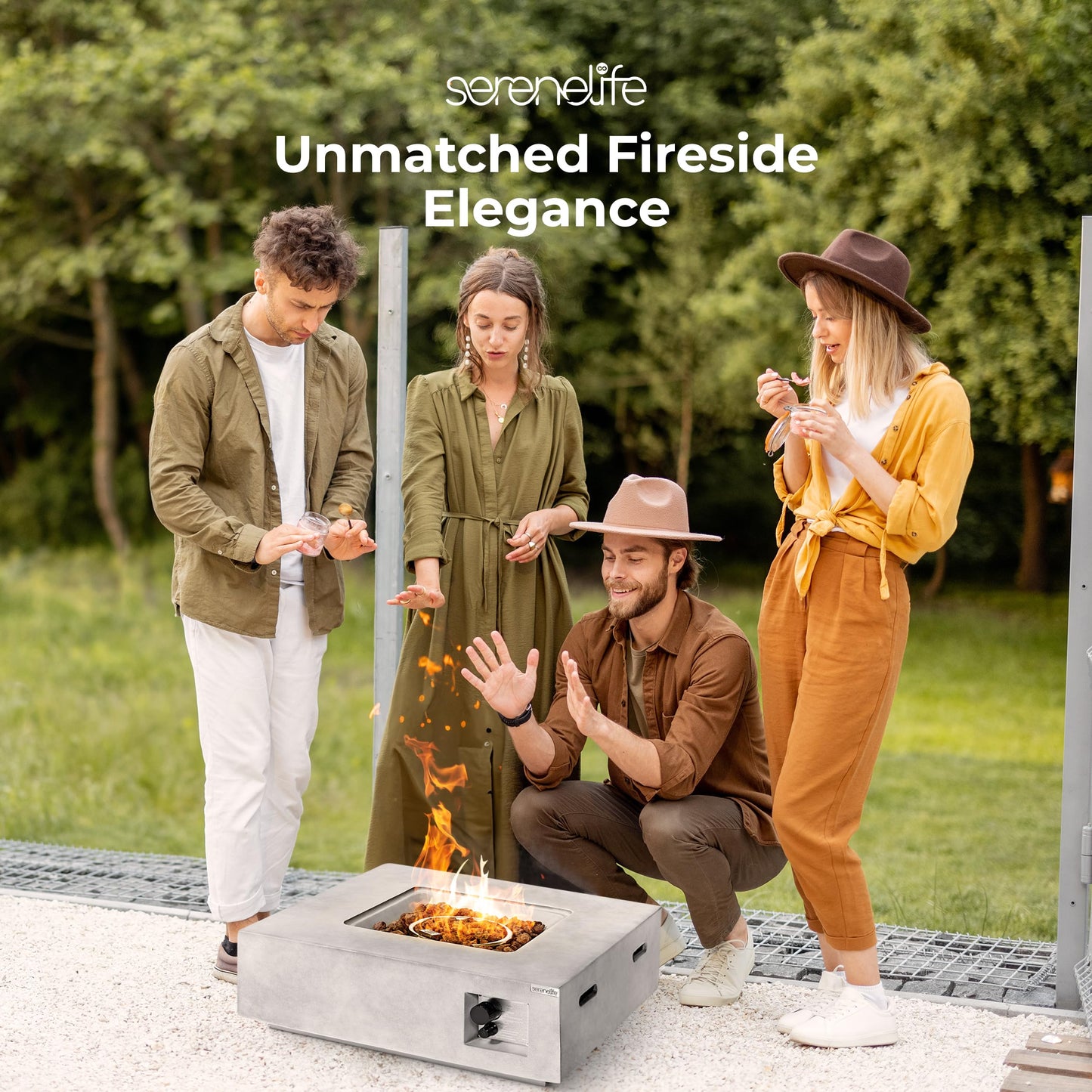 SereneLife Outdoor Propane Gas Fire Pit Table – 50,000 BTU Auto-Ignition Firepit with Glass Wind Guard, Black Tempered Glass Top & Clear Glass Rocks for Garden, Patio, or Backyard