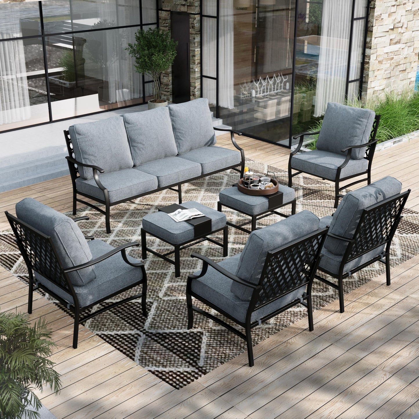 HERA'S HOUSE 7 Piece Patio Furniture Set, 2 x Rocking Chair, 2 x Fixed Chair, 2 x Ottoman, 1 x 3-Seat Sofa, All Cushioned 9 Seats Outdoor Conversation Set for Lawn Garden Backyard