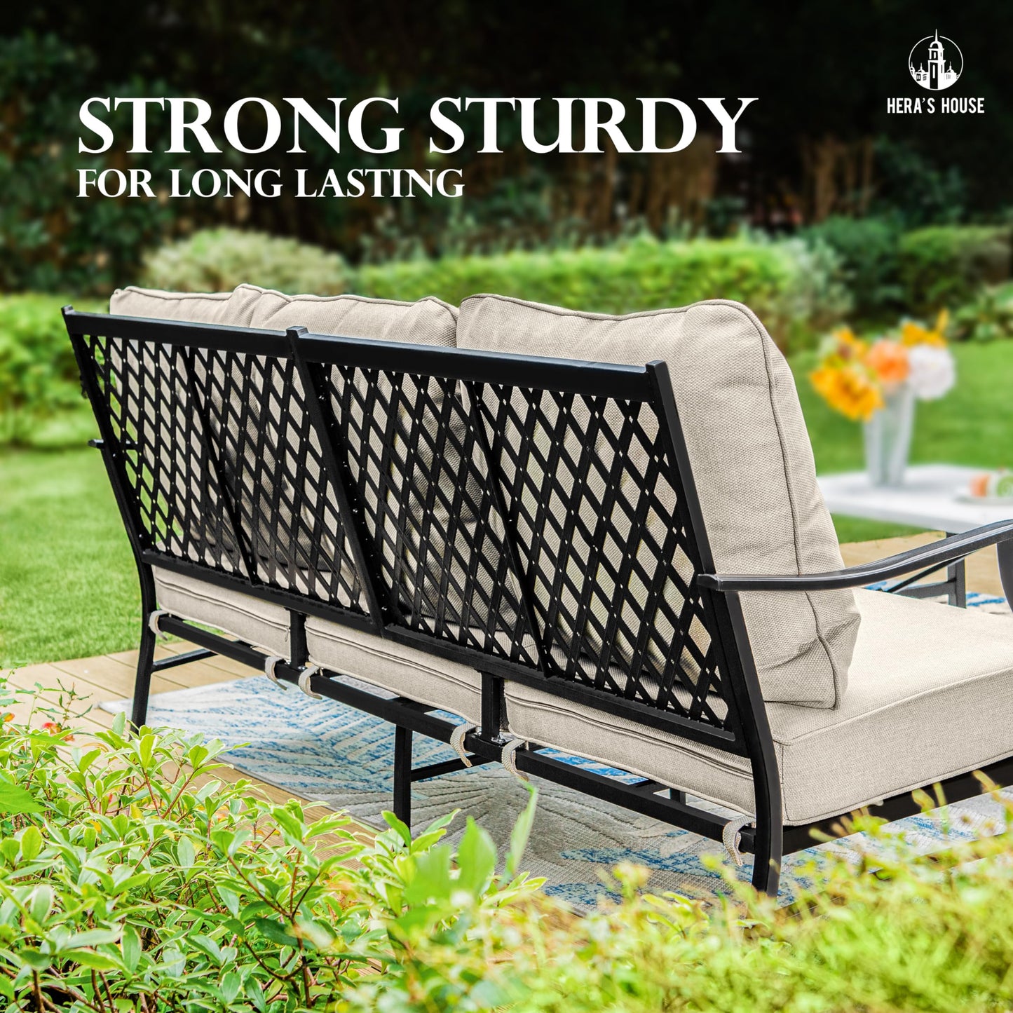 HERA'S HOUSE 7 Piece Patio Furniture Set, 2 x Rocking Chair, 2 x Fixed Chair, 2 x Ottoman, 1 x 3-Seat Sofa, All Cushioned 9 Seats Outdoor Conversation Set for Lawn Garden Backyard