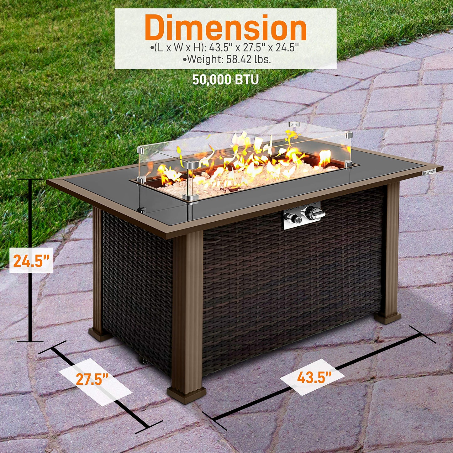 SereneLife Outdoor Propane Gas Fire Pit Table – 50,000 BTU Auto-Ignition Firepit with Glass Wind Guard, Black Tempered Glass Top & Clear Glass Rocks for Garden, Patio, or Backyard