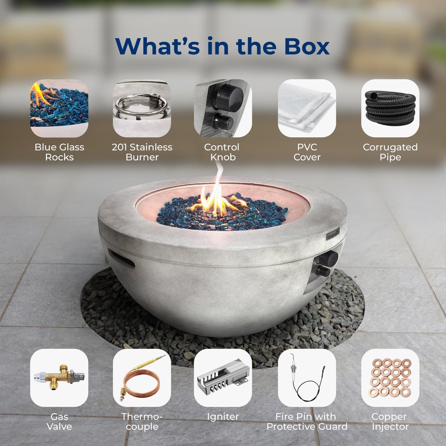 SereneLife Outdoor Propane Gas Fire Pit Table – 50,000 BTU Auto-Ignition Firepit with Glass Wind Guard, Black Tempered Glass Top & Clear Glass Rocks for Garden, Patio, or Backyard