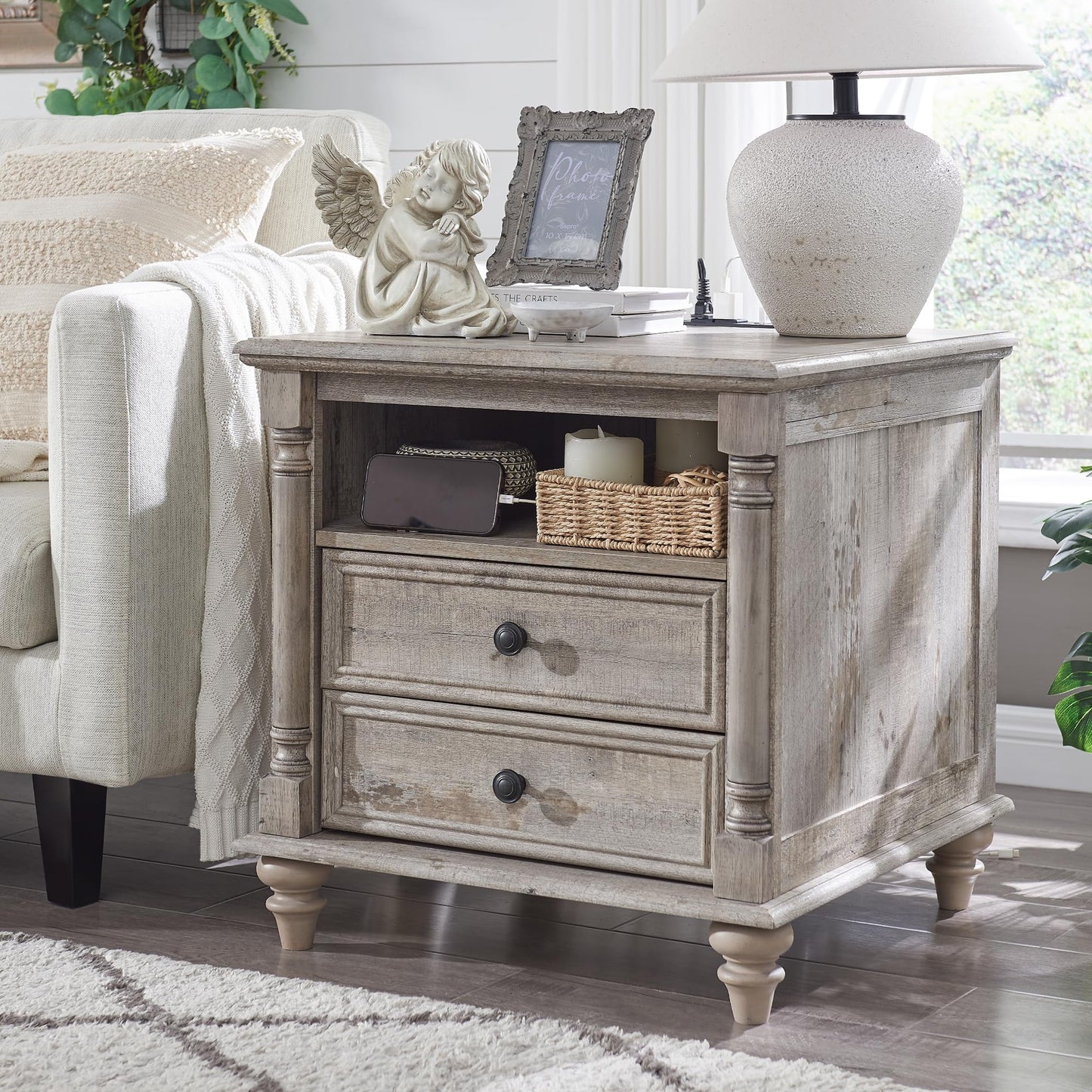 T4TREAM 24'' Farmhouse End Table w/4 Solid Wood Feet, Large 2 Drawers Wide Sofa Side Table with Charging Station, Tall Rustic Wood Square Nightstand for Living Room, Bedroom, Office, Antique White