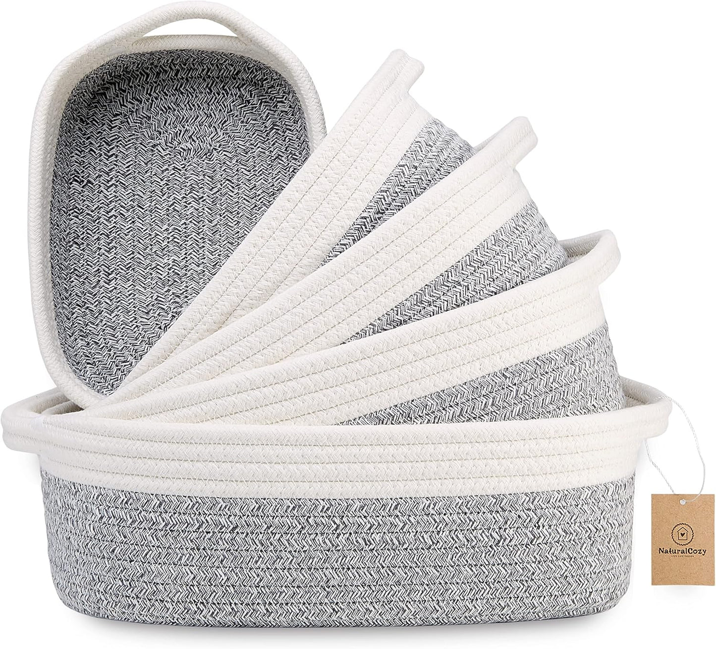 NaturalCozy 5-Piece Rectangle Storage Basket Set- Natural Cotton Rope Woven for Organizing! Small Basket for Montessori, Baby Nursery, Dog Toy Baskets, Cat Toy Box, Bathroom Organization Bin