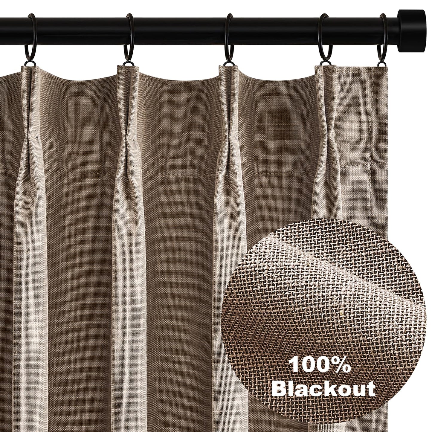 Topfinel 120 Inches Long Extra Long Pinch Pleat Faux Linen Curtains for Living Room,Neutral Beige 100 Percent Blackout Floor to Ceiling Farmhouse Sound Absorbing Drapes 2 Panels for Track System 10 FT